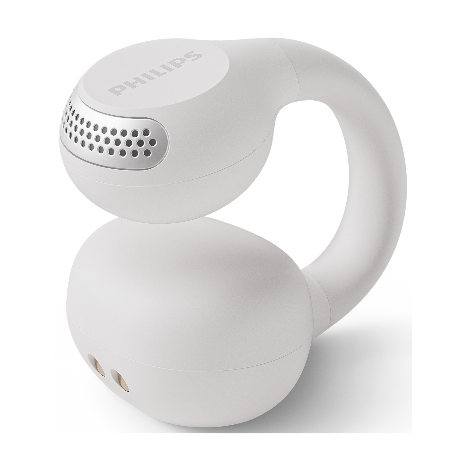 Un ventilatore da collo Philips bianco. Ha due parti arrotondate collegate da un'impugnatura curva. La parte superiore ha il logo Philips.