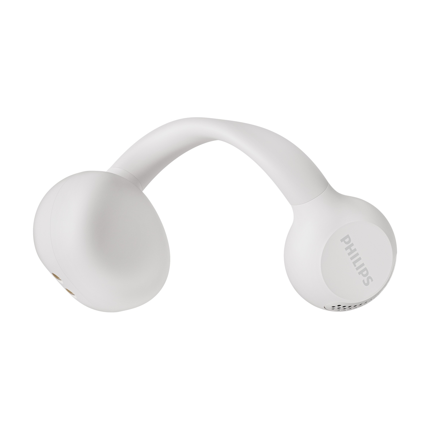 Un ventilatore a fascia da collo Philips bianco. Ha due auricolari arrotondati collegati da un arco. Il marchio è visibile.