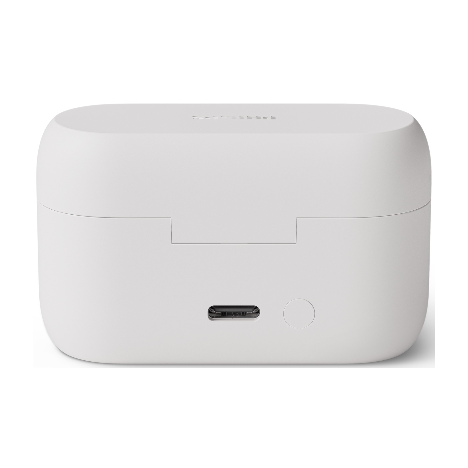 Custodia di ricarica bianca per auricolari. Ha una porta USB-C e un pulsante frontale. 'Philips' è stampato delicatamente sopra.
