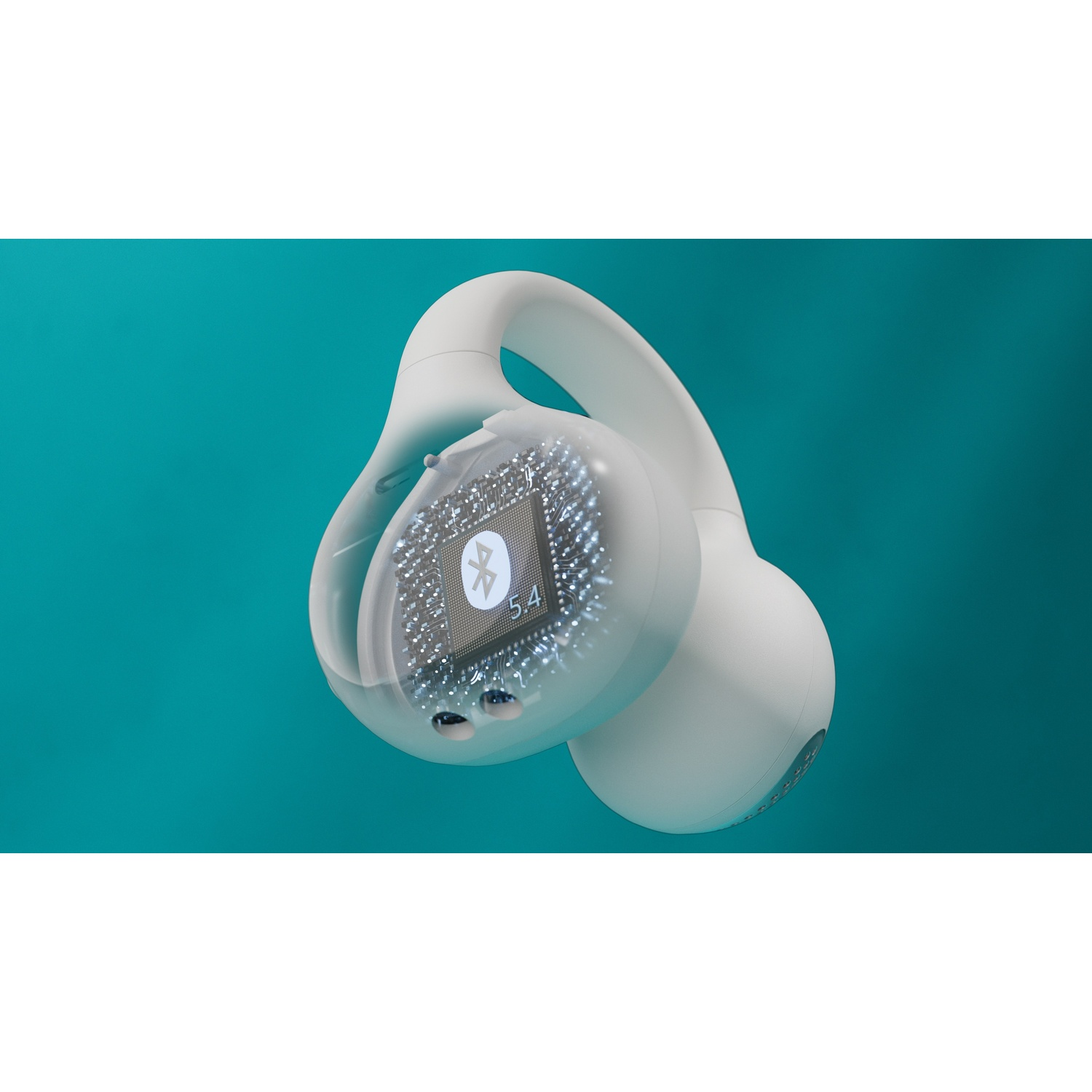 Cuffie wireless bianche con design parzialmente trasparente, che mostrano componenti interni e dettagli Bluetooth 5.4 su sfondo turchese.