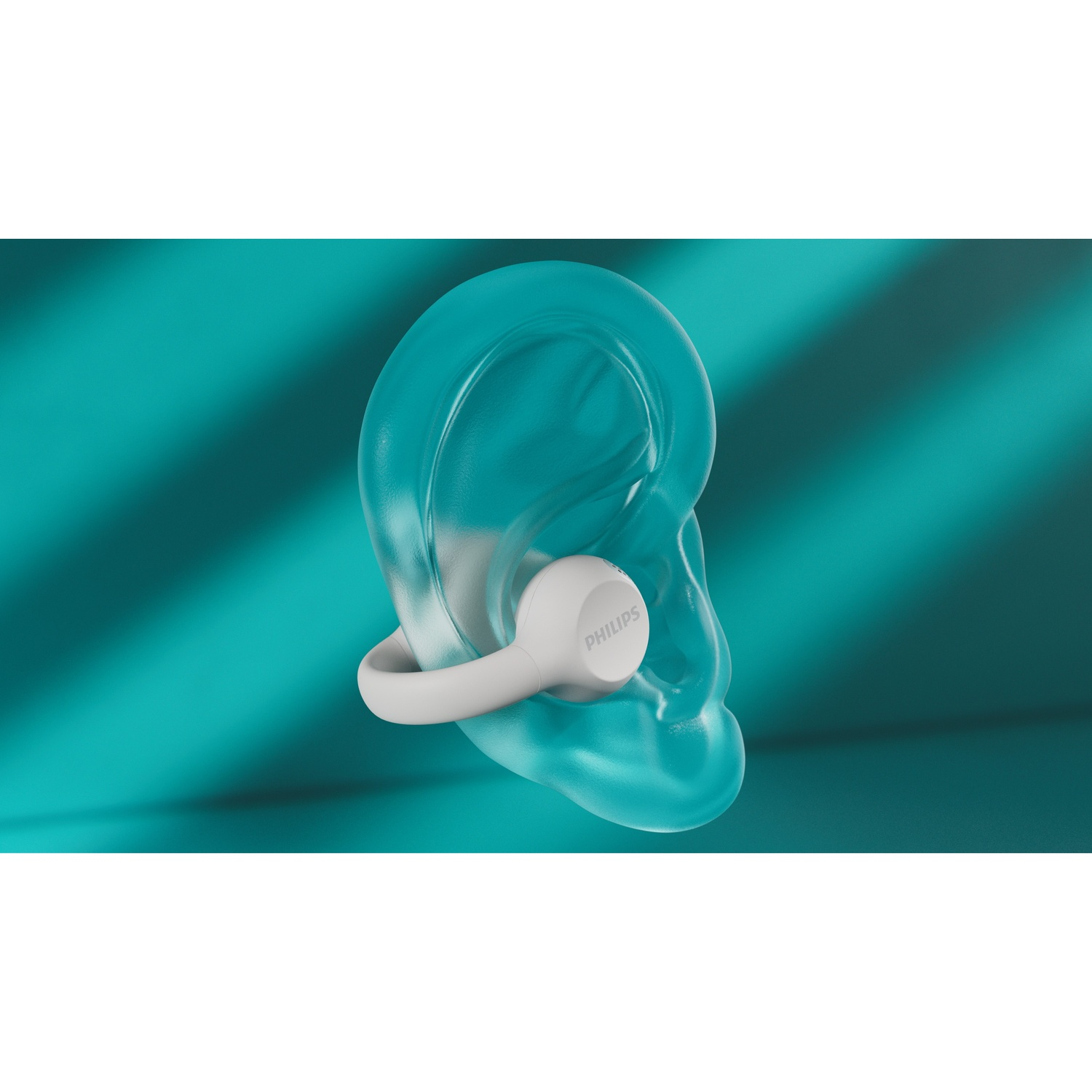 Un auricolare Philips bianco è in un modello di orecchio blu trasparente. Lo sfondo è verde acqua con ombre.