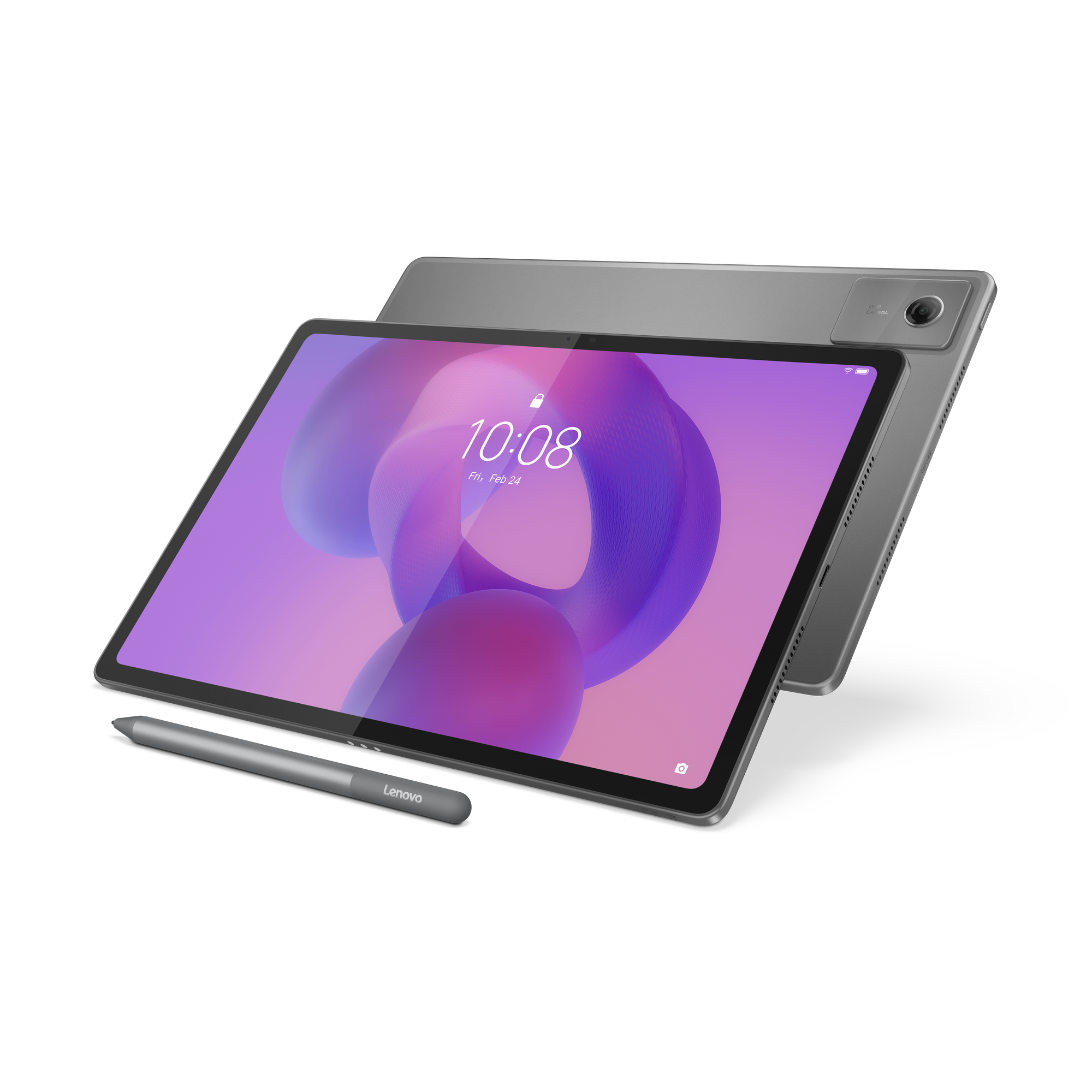 Een grijze Lenovo-tablet met stylus. Het scherm toont de tijd. Zwarte achtergrond.