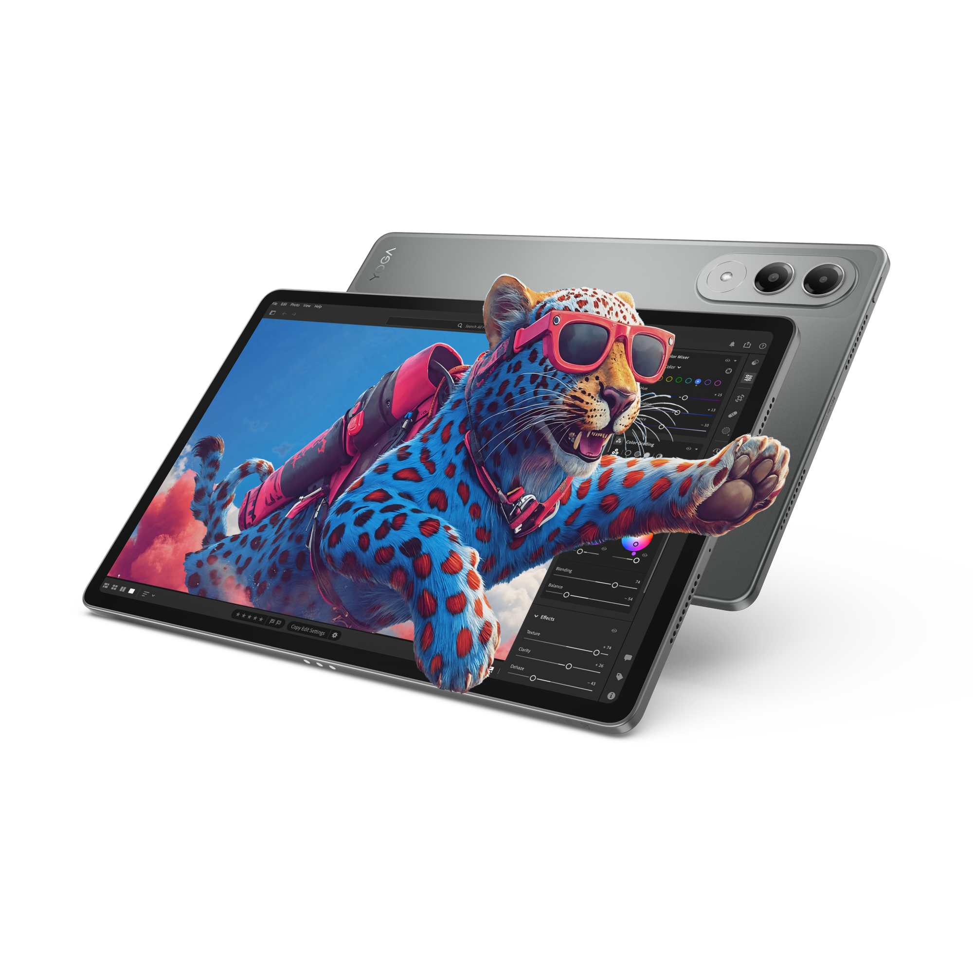 Tablet z niebiesko-czerwoną cętkowaną panterą w okularach przeciwsłonecznych, edytującą zdjęcie. Czarne tło.