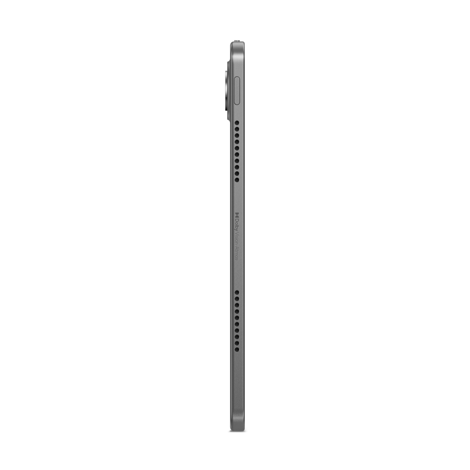 Widok z boku szarego tabletu na czarnym tle. Ma aparat, przyciski i otwory głośników.