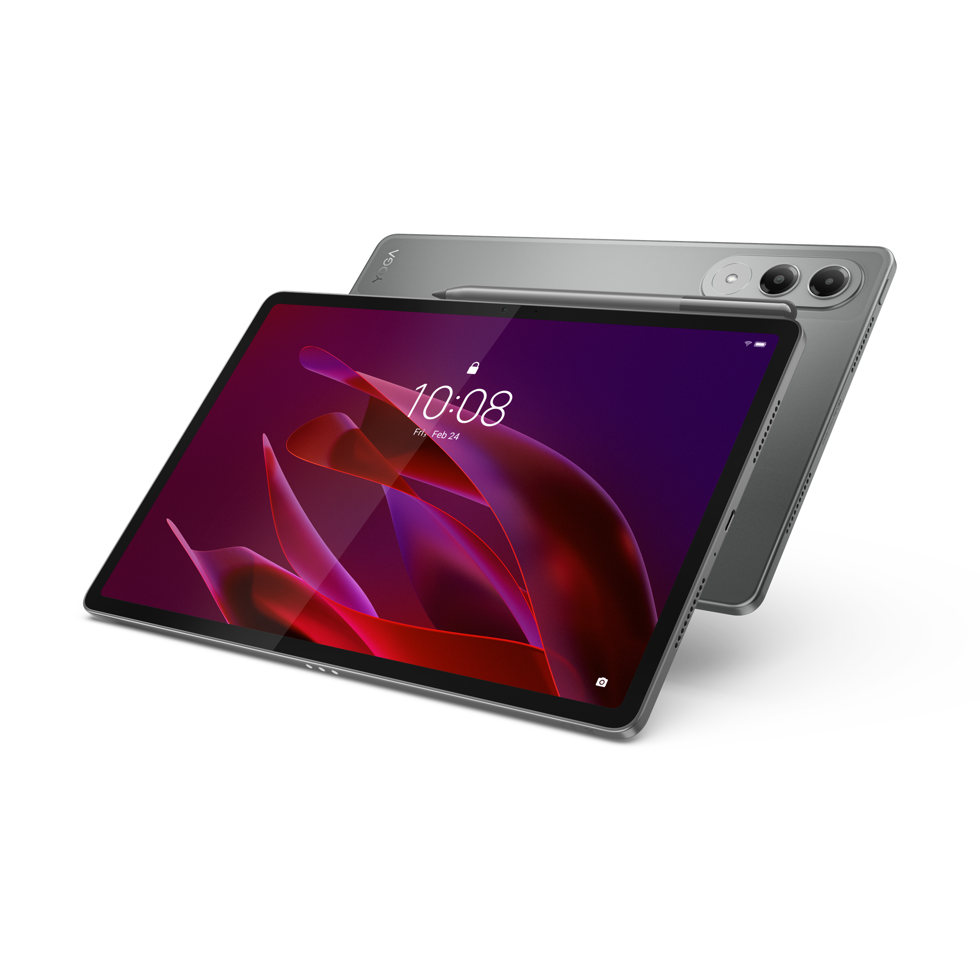 Srebrny tablet wyświetla abstrakcyjny wzór w kolorze fioletowo-czerwonym. Godzina to 10:08, 24 lutego. Z tyłu pióro.