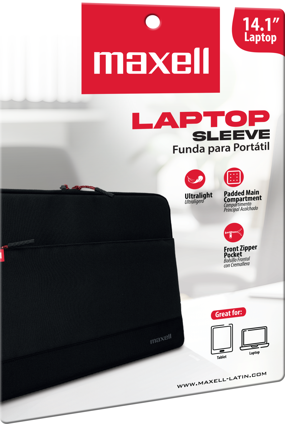 Fekete Maxell laptop tok piros díszítéssel. Jellemzői az elülső cipzáras zseb és a párnázás. Szöveg: Laptop Sleeve, Ultralight, és Great for tablet.