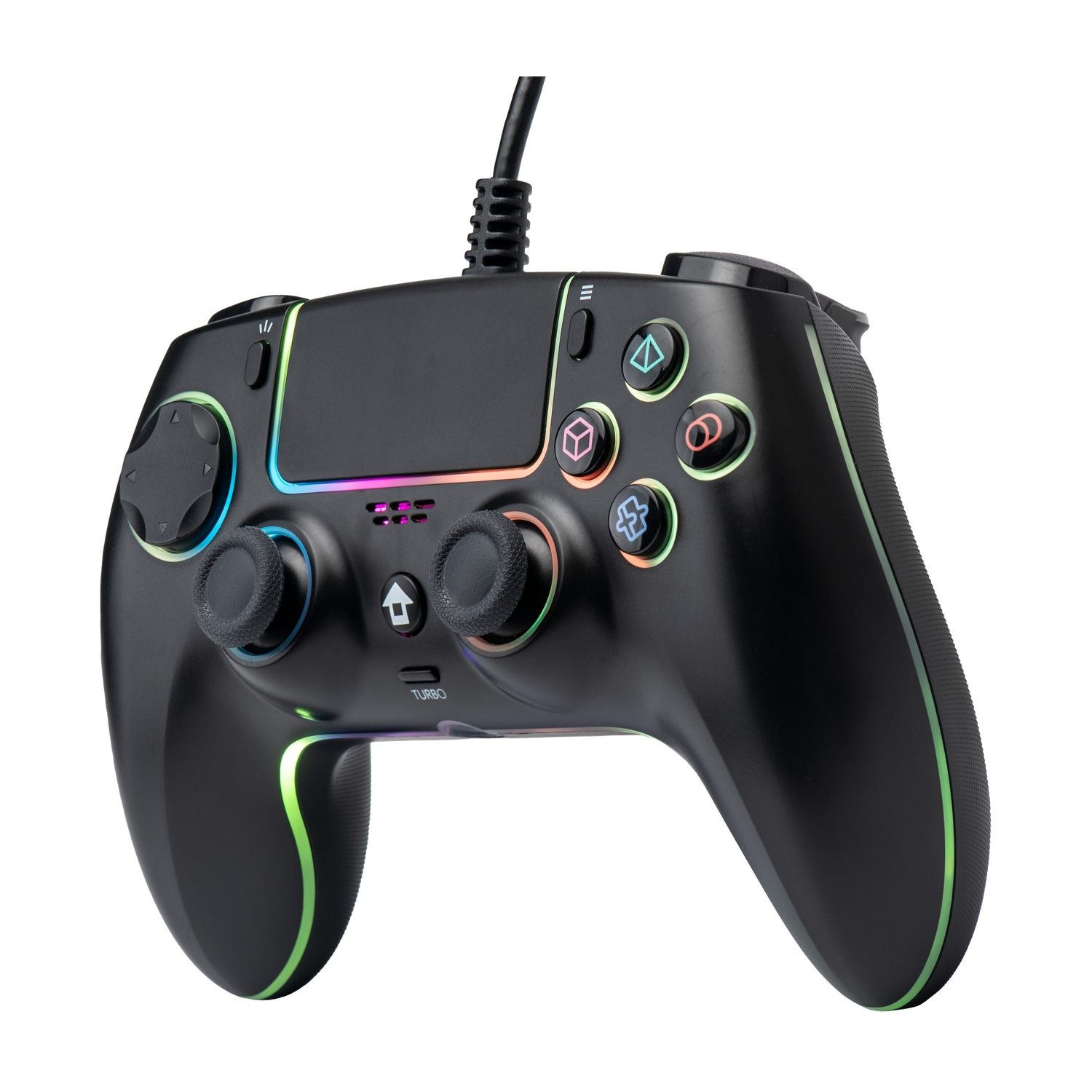 Controller di gioco nero con pulsanti e accenti luminosi. Include pulsanti, joystick e un cavo. Isolato su sfondo bianco.