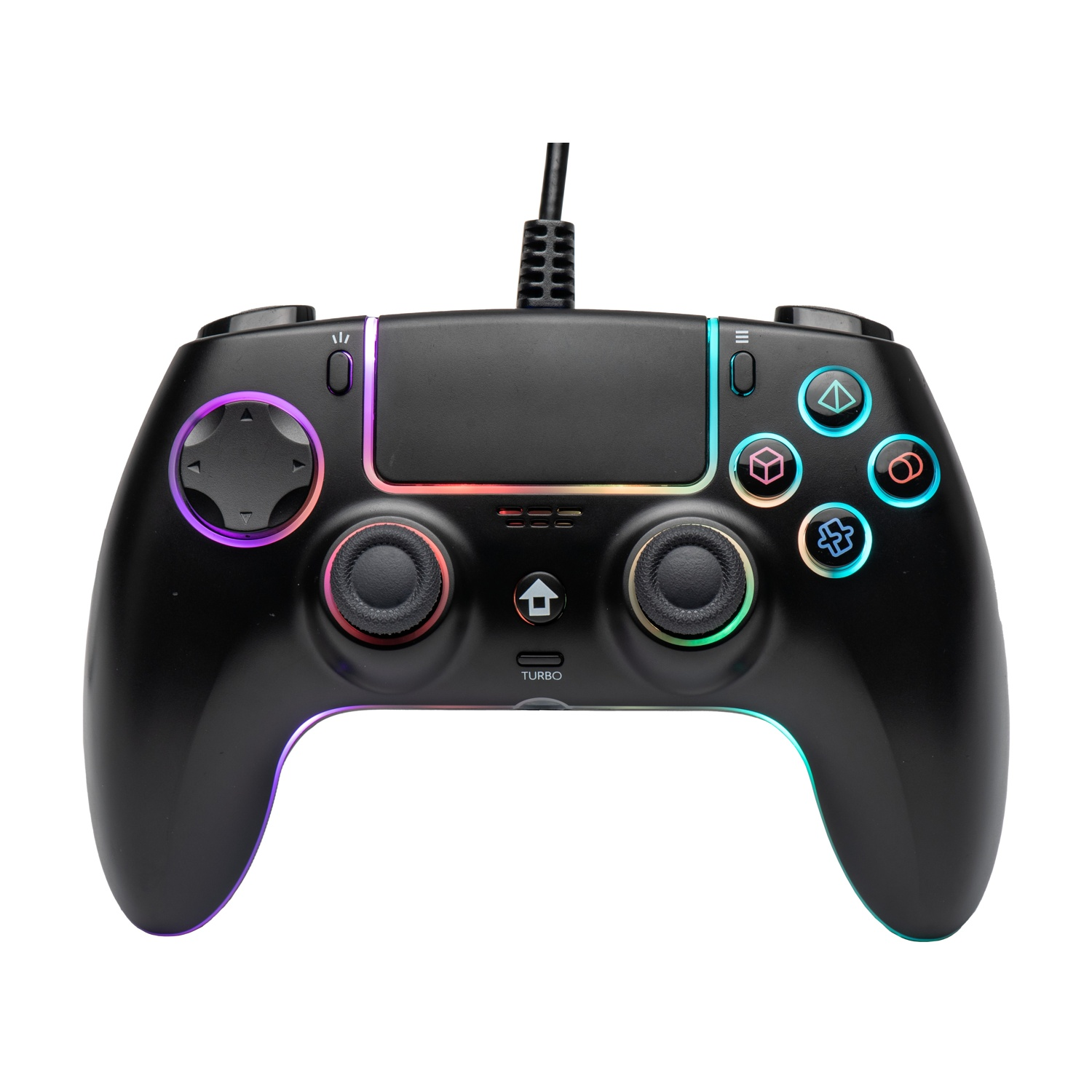 Controller di gioco nero con pulsanti e joystick luminosi. Ha un cavo ed è isolato su sfondo bianco.