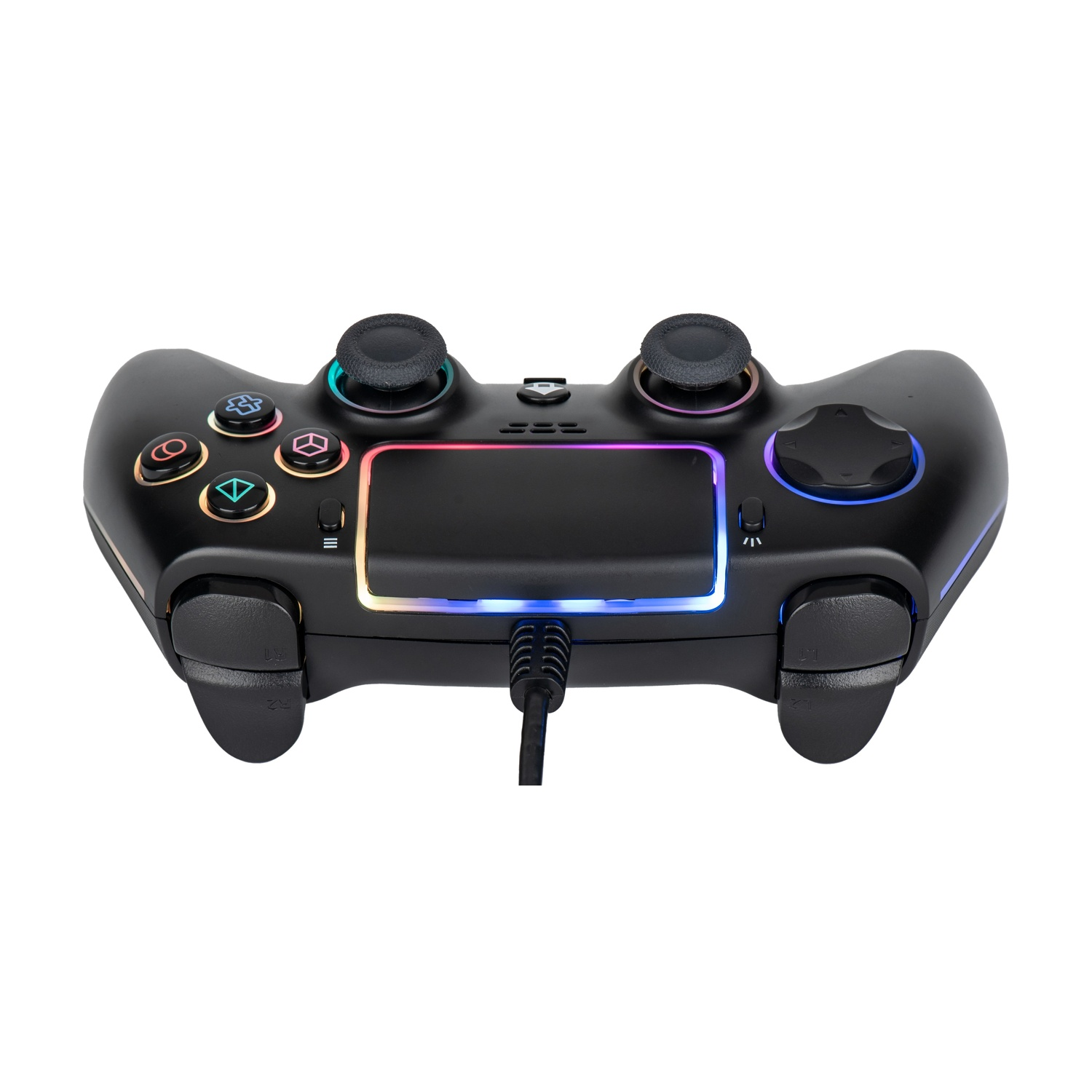 Controller di gioco nero con luci colorate sui bordi e sui pulsanti. Ha due joystick e diversi pulsanti.