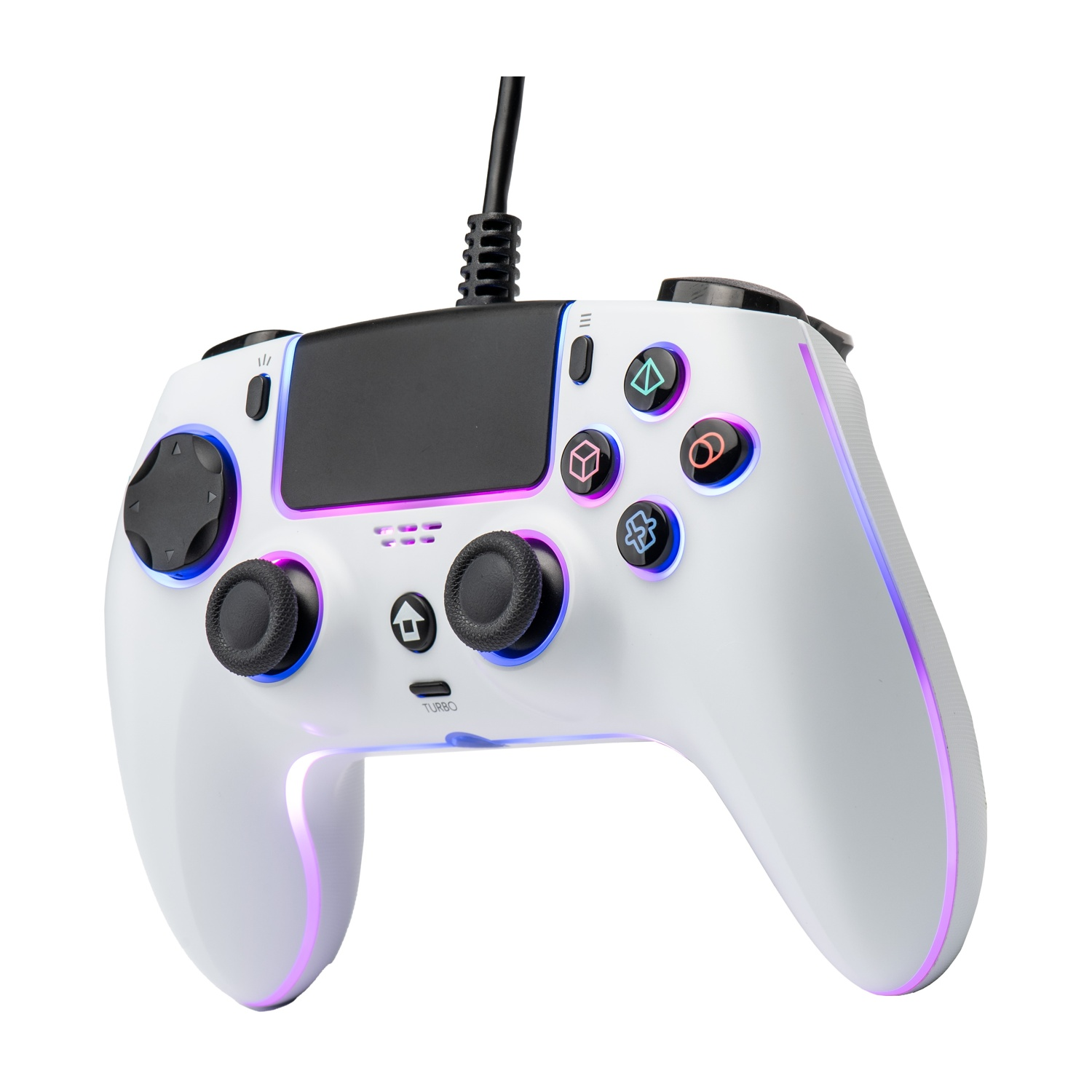 Un controller di gioco bianco con pulsanti neri e un cavo nero. Ha luci colorate e uno schermo nero. Isolato su sfondo bianco.