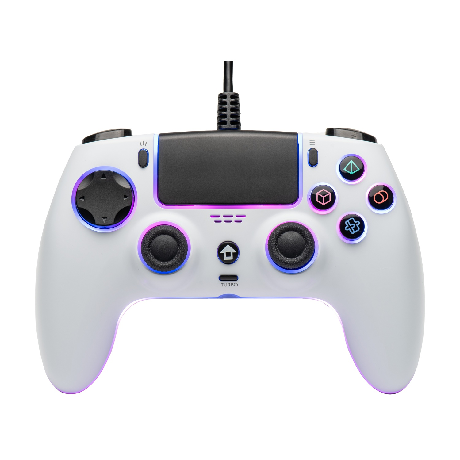 Un controller di gioco bianco con pulsanti neri e un cavo nero. Ha luci colorate attorno ai pulsanti e ai bordi.