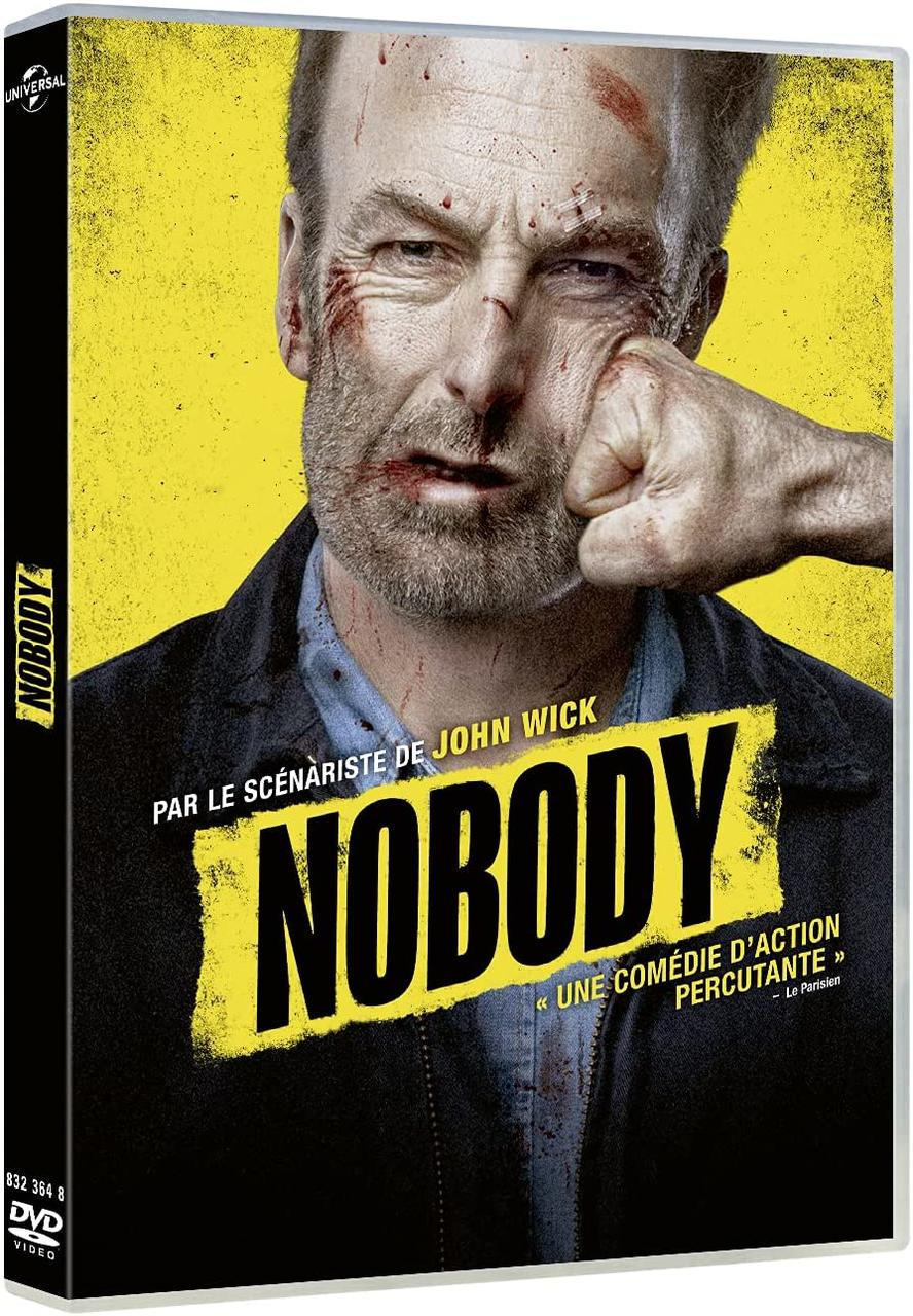 Couverture DVD du film Nobody. Un homme est frappé au visage. Il est ensanglanté. Le titre est en jaune.