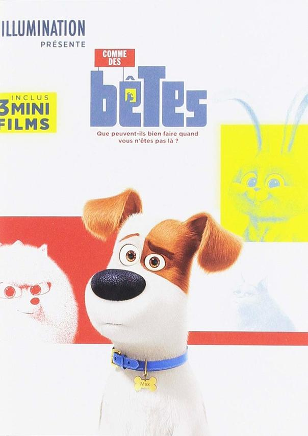 Affiche du film Comme des bêtes. Un chien devant. En fond, d'autres animaux et le titre du film.