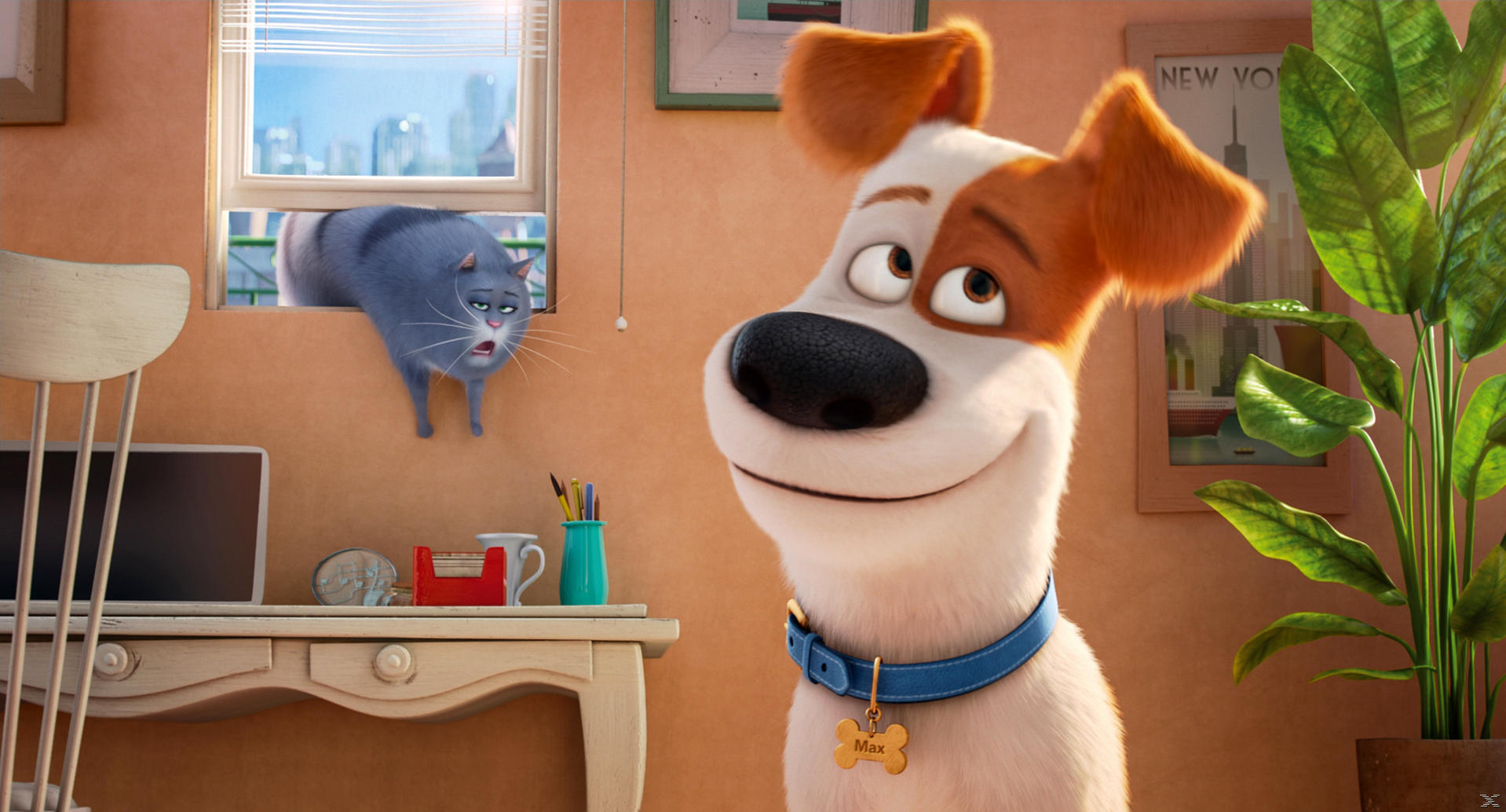 Scène animée avec un chien souriant, un chat surpris dans une fenêtre et un bureau avec un ordinateur.