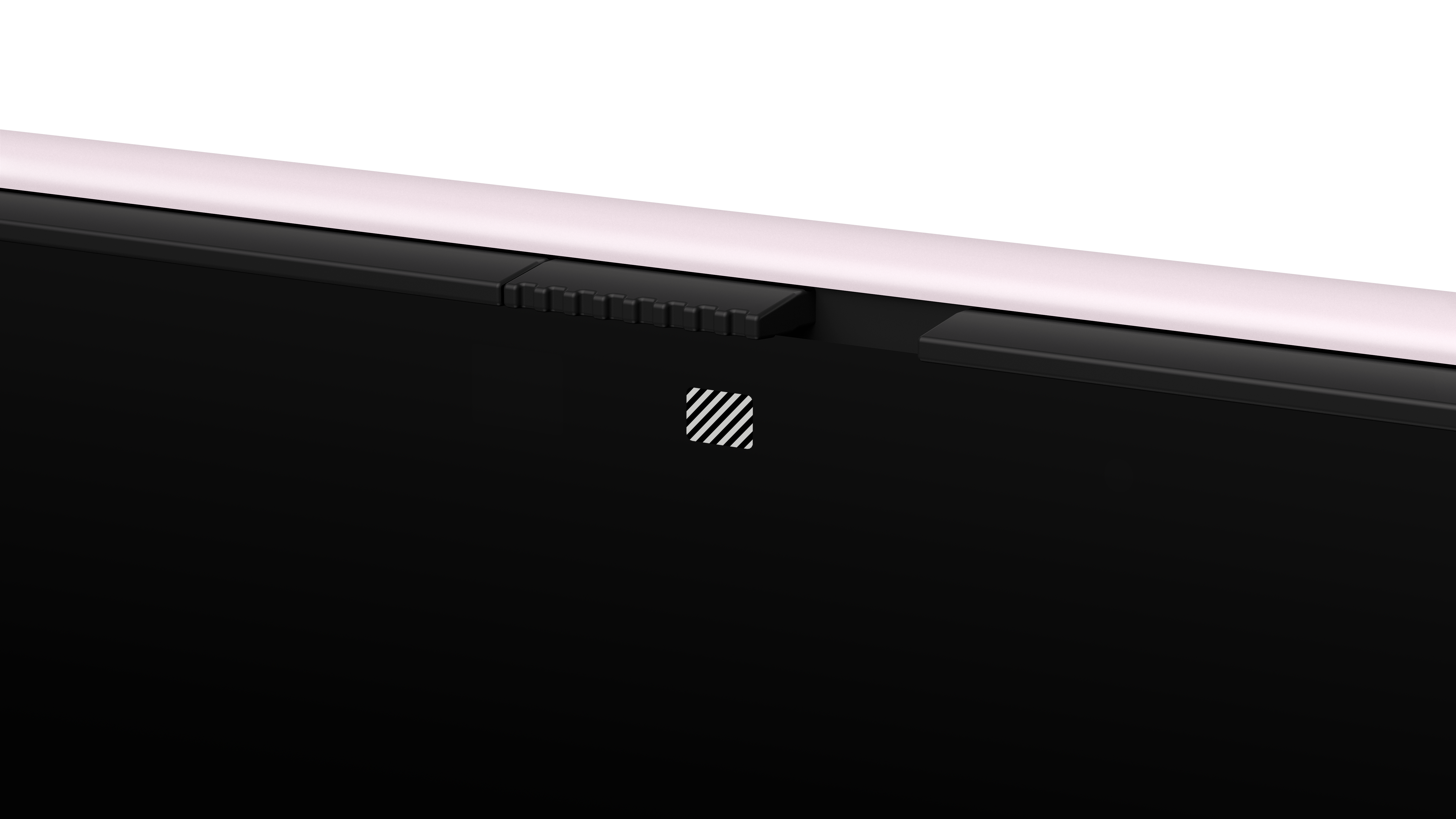 Zbliżenie czarnego urządzenia z białym wzorem w paski. Jasnoróżowy pasek na górze. Widoczna czarna obwódka.