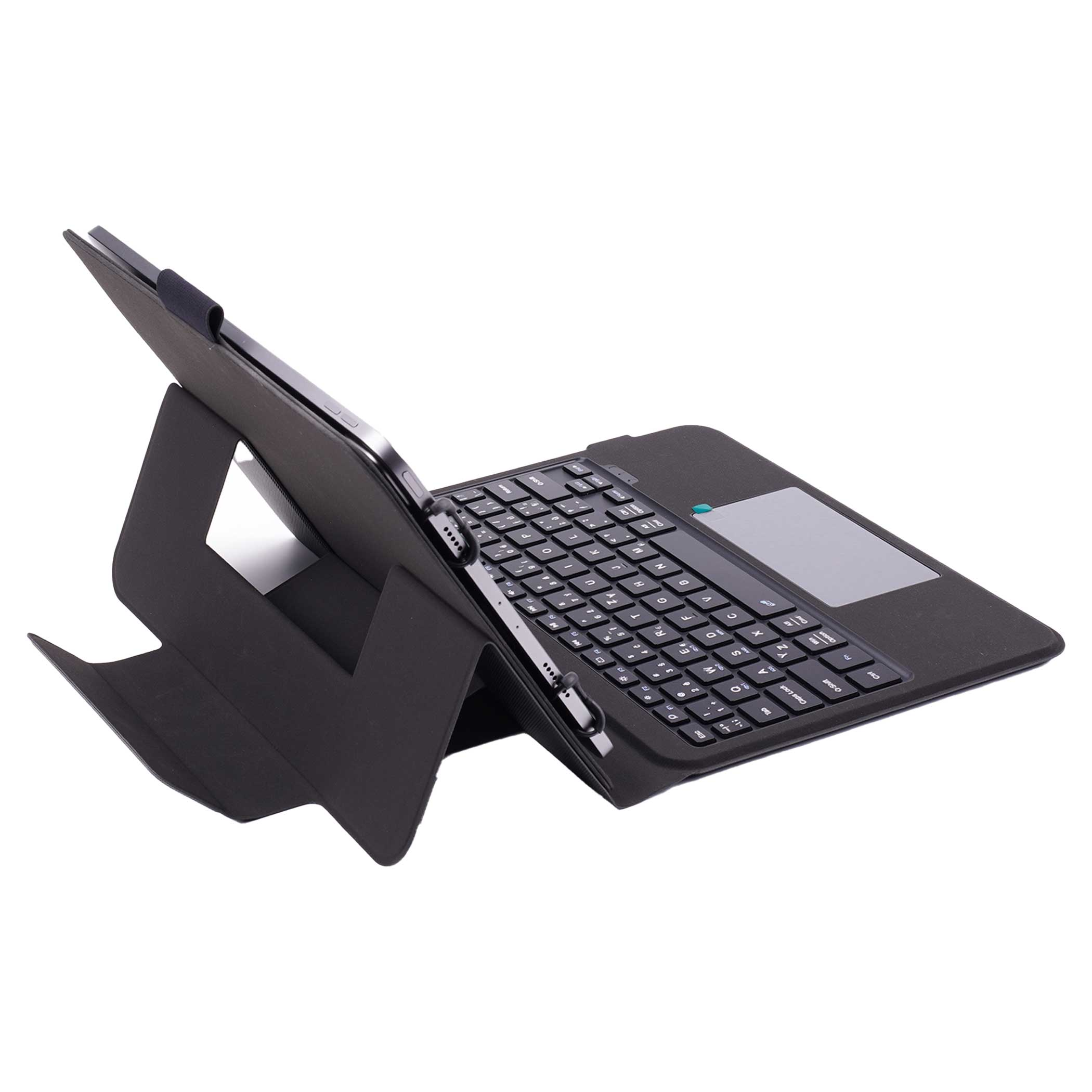 Egy fekete tablet billentyűzettel és érintőpaddal fehér felületen. A tablet tokban van.