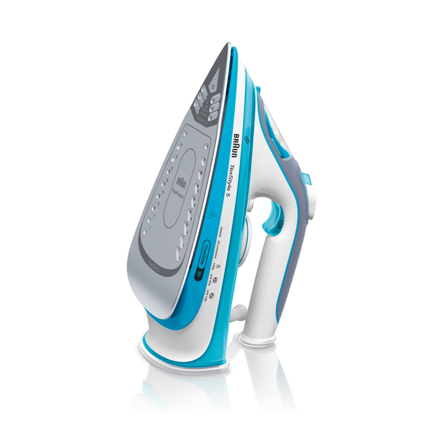Un ferro da stiro Braun TexStyle 5. È bianco, blu e grigio. Il ferro è su una superficie bianca. La parola "Braun" è visibile sul lato.