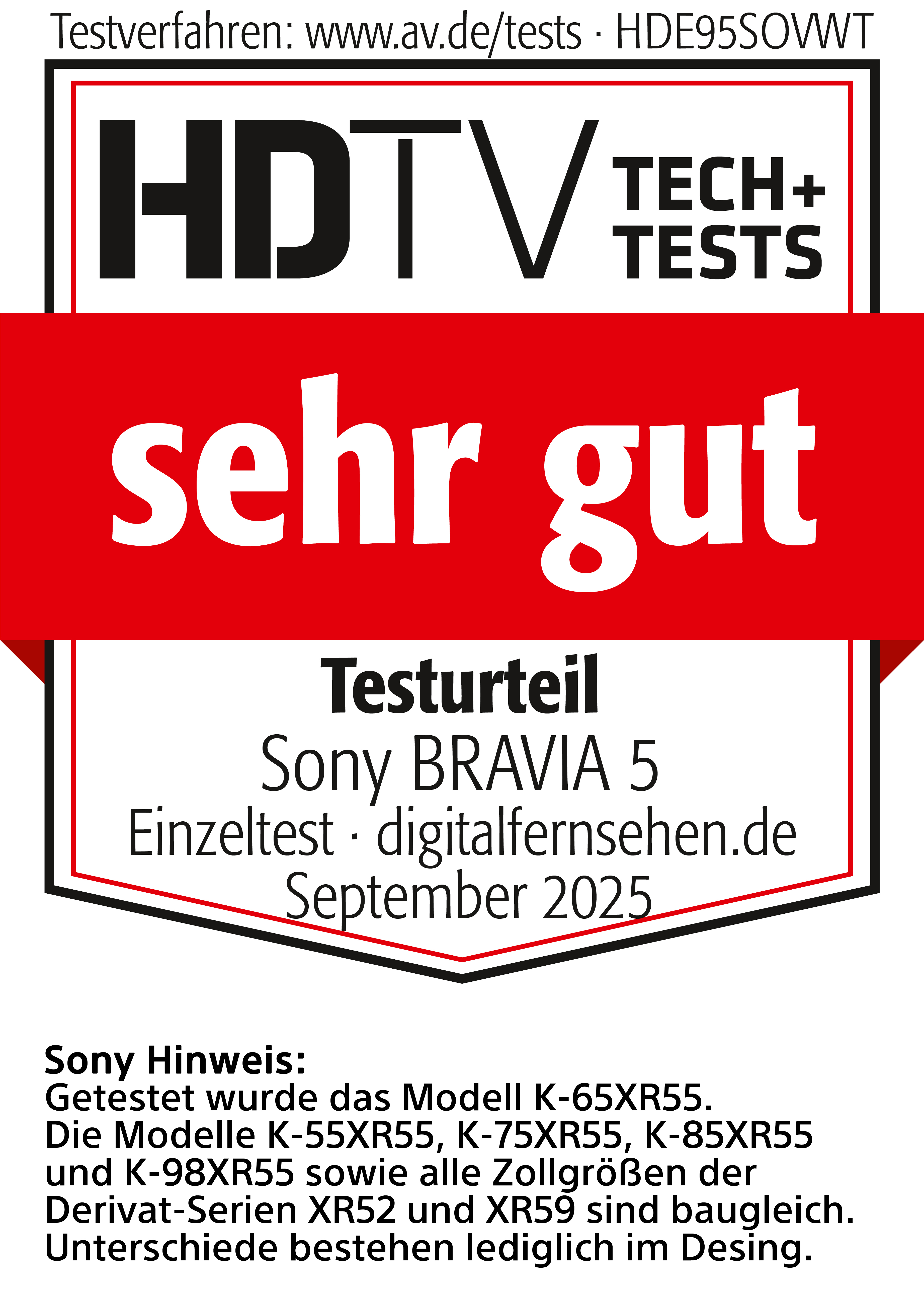 Das Bild zeigt das HDTV-Logo, die Worte 'sehr gut' und Text über einen Sony BRAVIA 5 TV-Test.