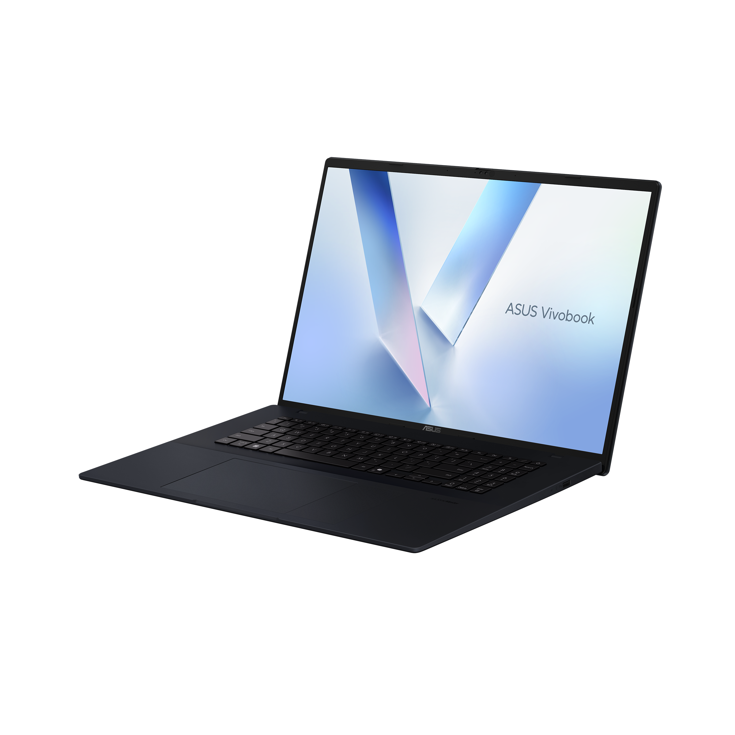 Ein dunkler Laptop mit einem Bildschirm, der ein blaues und weißes Design zeigt. Die Marke ASUS Vivobook ist sichtbar.