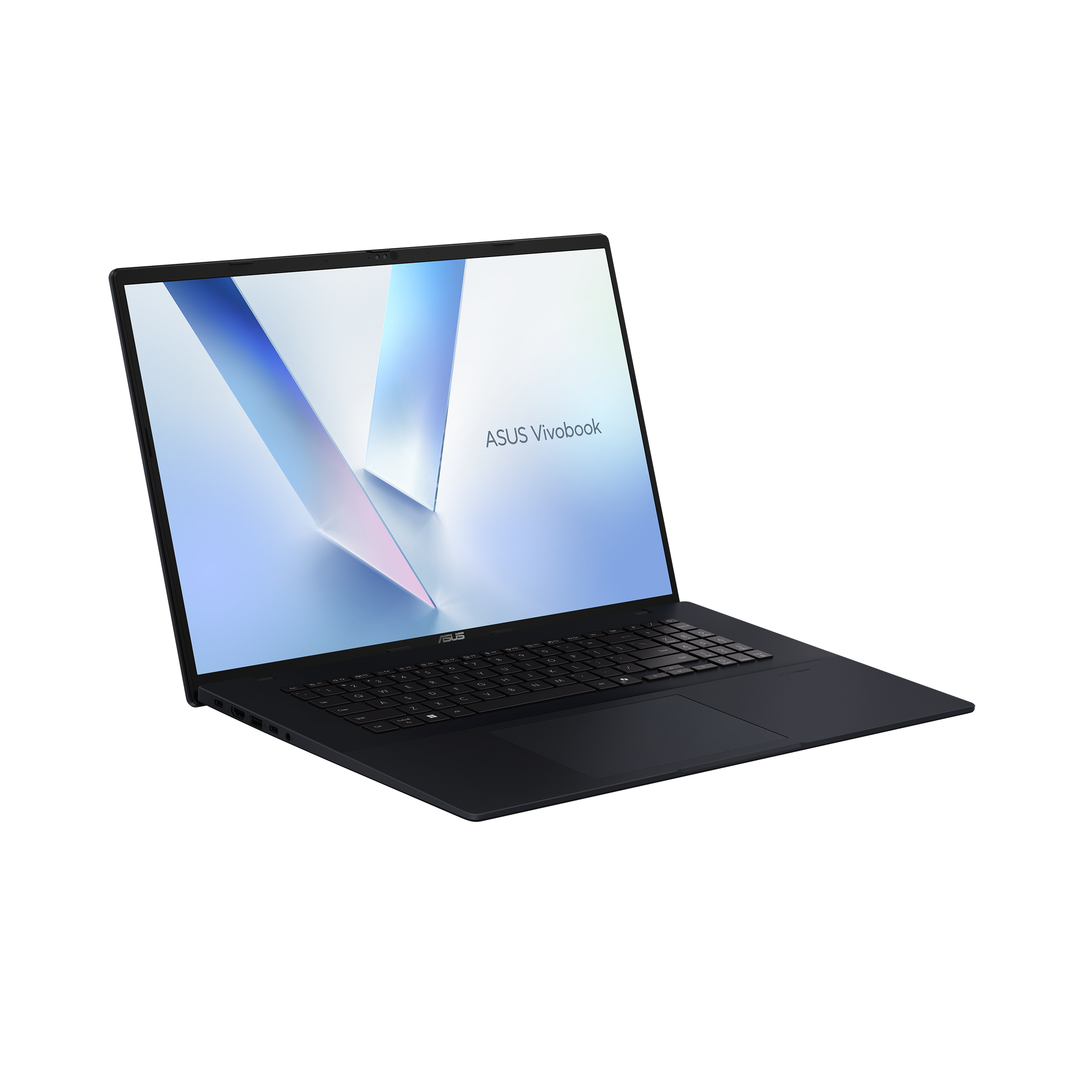Ein dunkler Laptop mit offenem Bildschirm, der ein abstraktes Design und den Text ASUS Vivobook anzeigt.