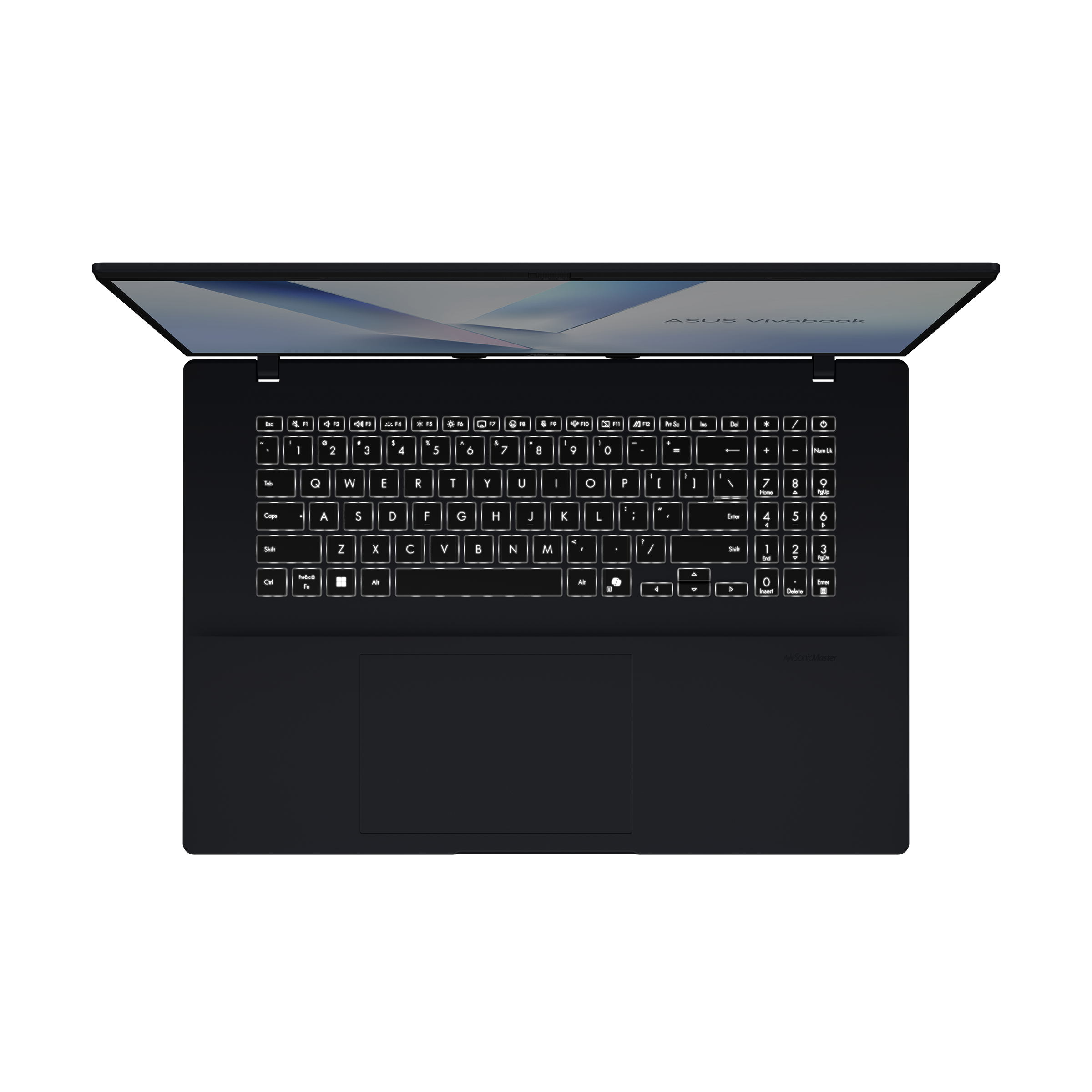 Schwarzer Laptop mit beleuchteter Tastatur. Geöffneter Bildschirm mit hellblauem und weißem Display. ASUS Vivobook.