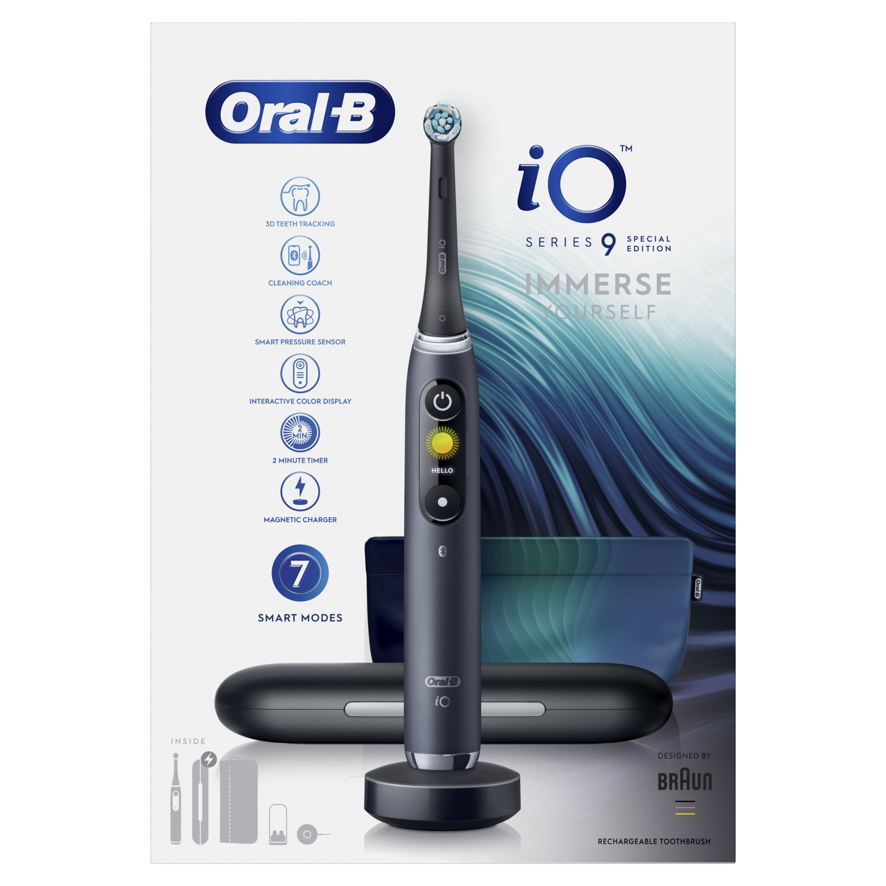 Egy Oral-B iO Series 9 elektromos fogkefe. Jellemzői közé tartozik a töltőállomás, az utazótok és a különböző okos üzemmódok.