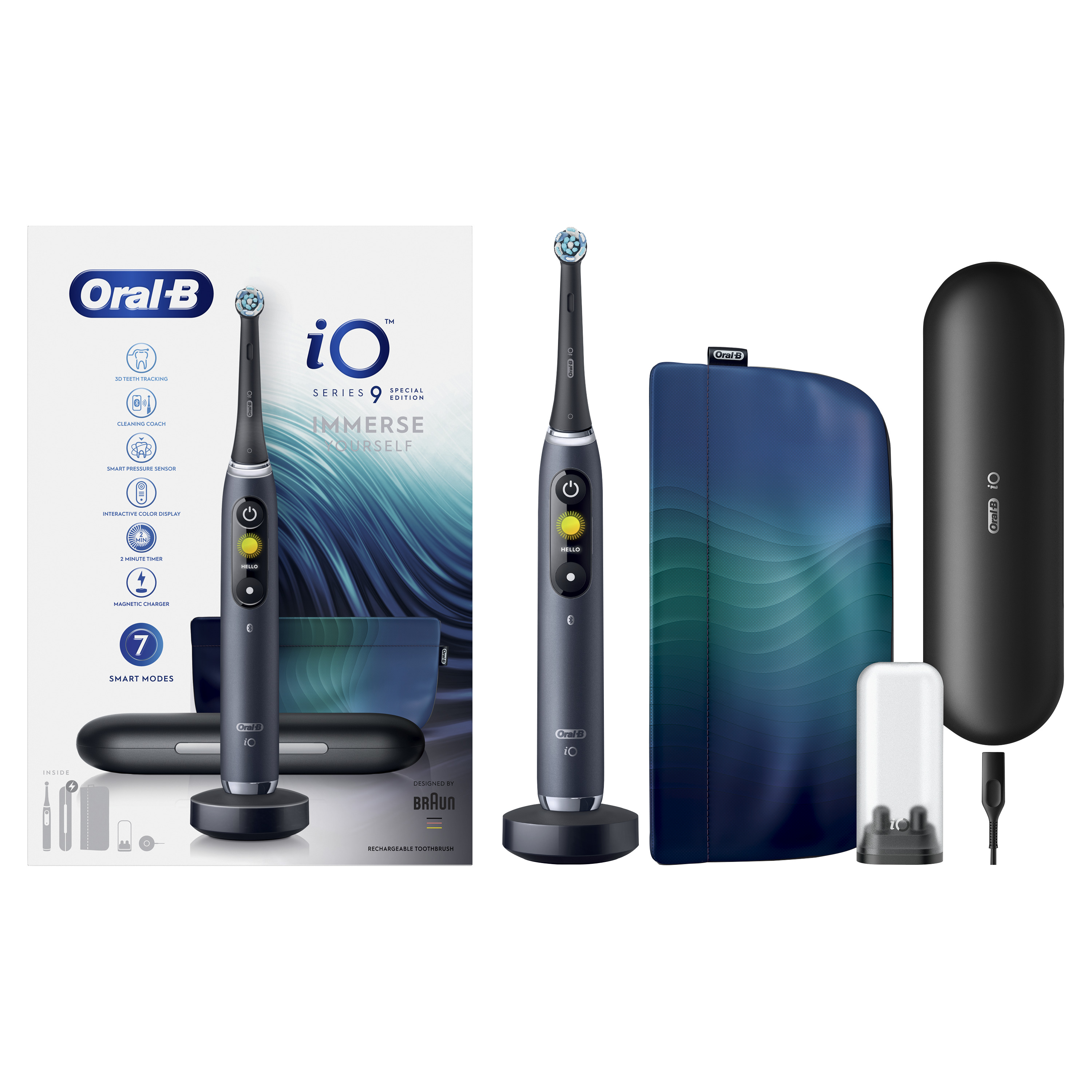 Egy Oral-B iO 9-es sorozatú fogkefe, tartozékok és csomagolás látható. A fogkefe sötétszürke.
