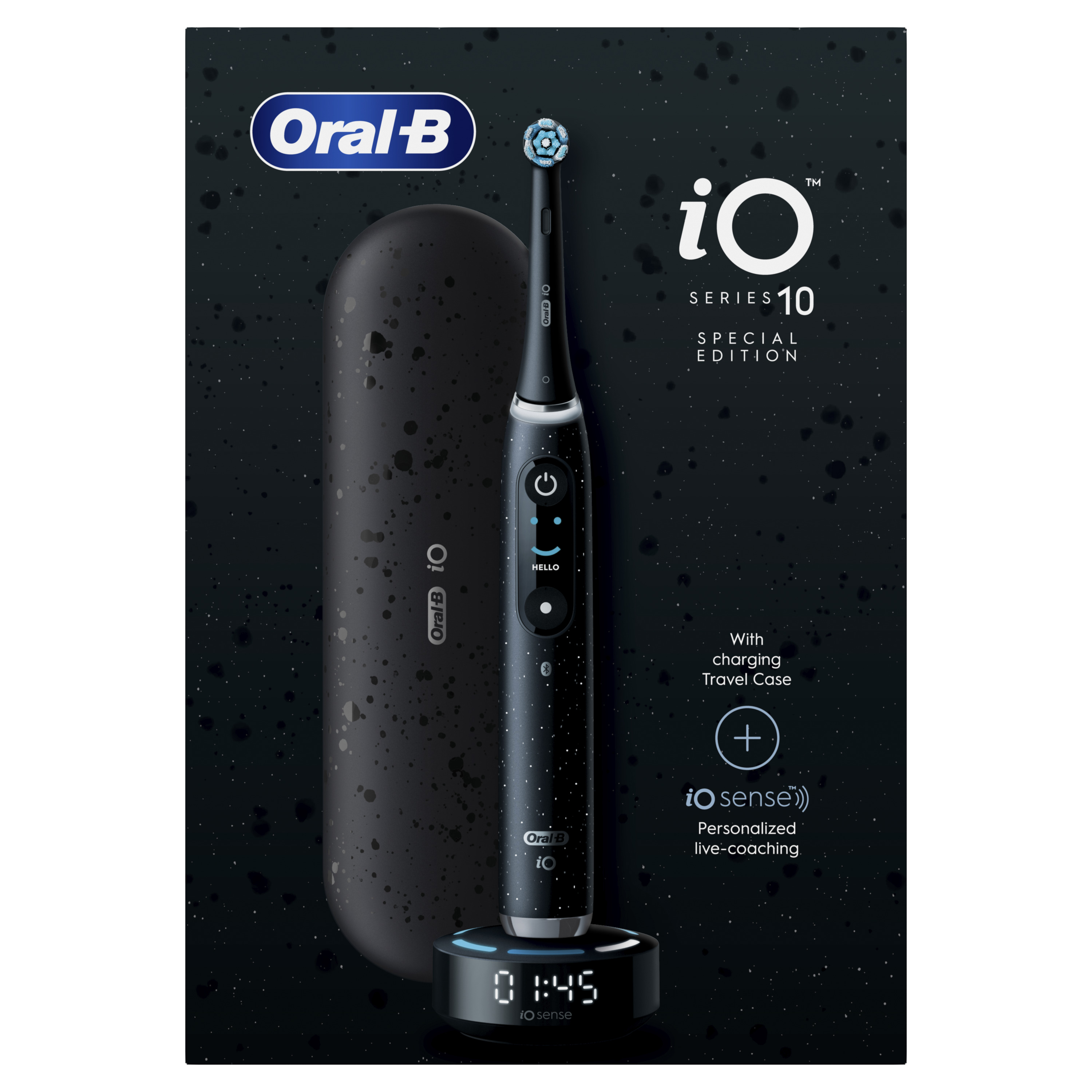 Fekete Oral-B iO Series 10 fogkefe, utazótok és töltőállvány. Digitális kijelzővel, ami az időt mutatja.