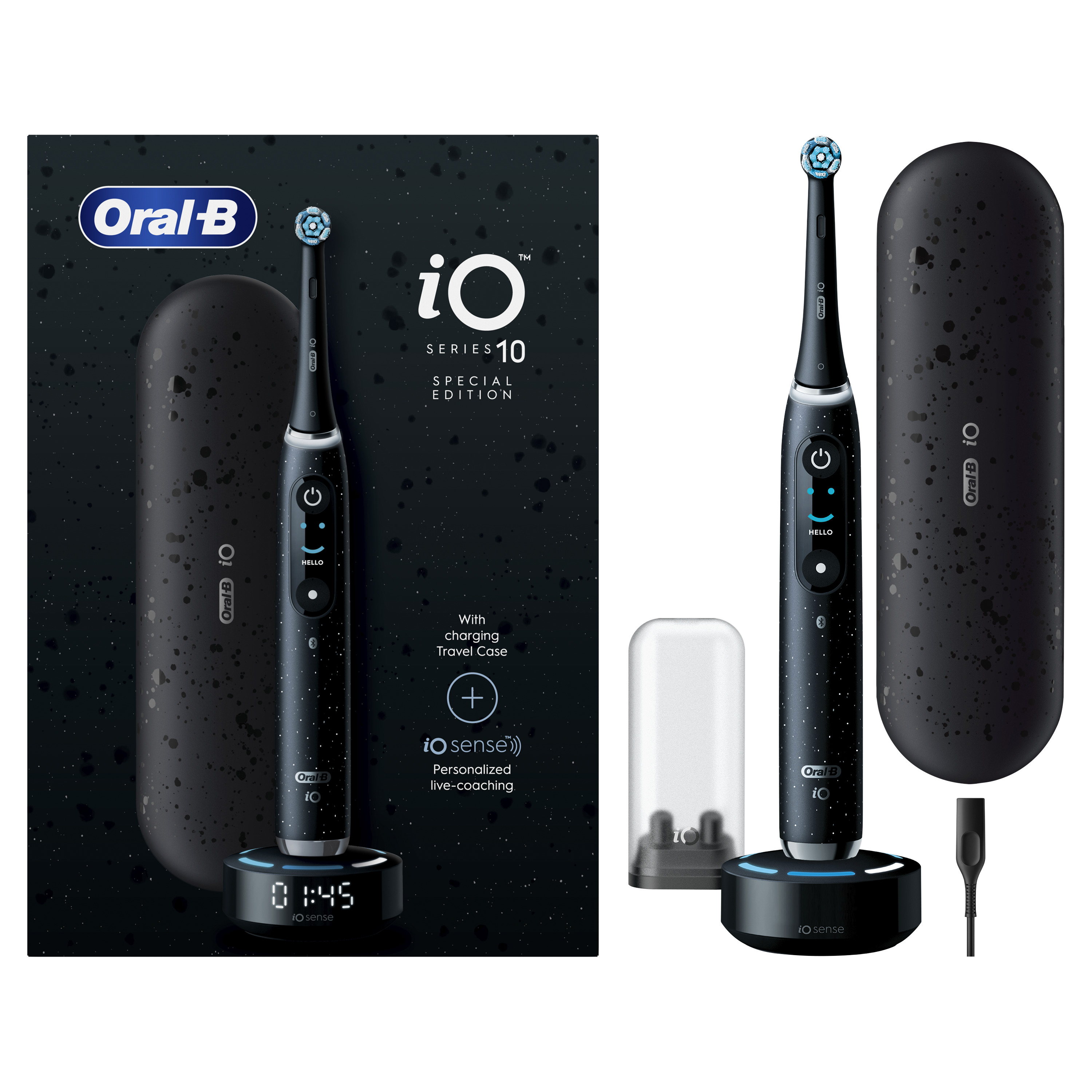 Fekete Oral-B iO Series 10 elektromos fogkefe töltőtokkal és állvánnyal. Az óra és a 'HELLO' felirat látható.