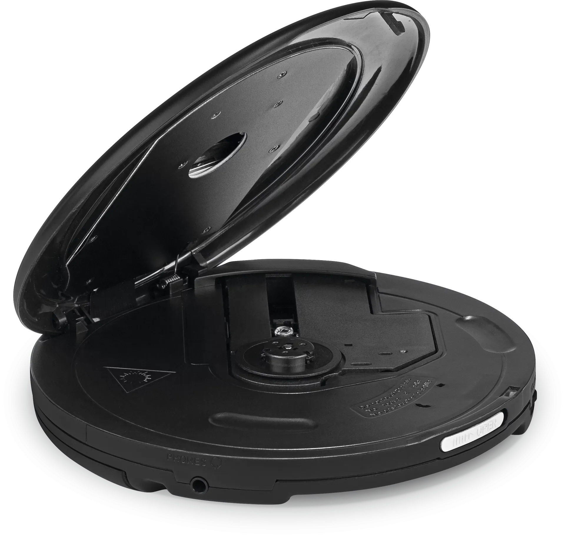 Otwarty czarny przenośny odtwarzacz CD. Otwarta pokrywa. Widoczne przyciski i gniazdo słuchawkowe. Czarne tło.