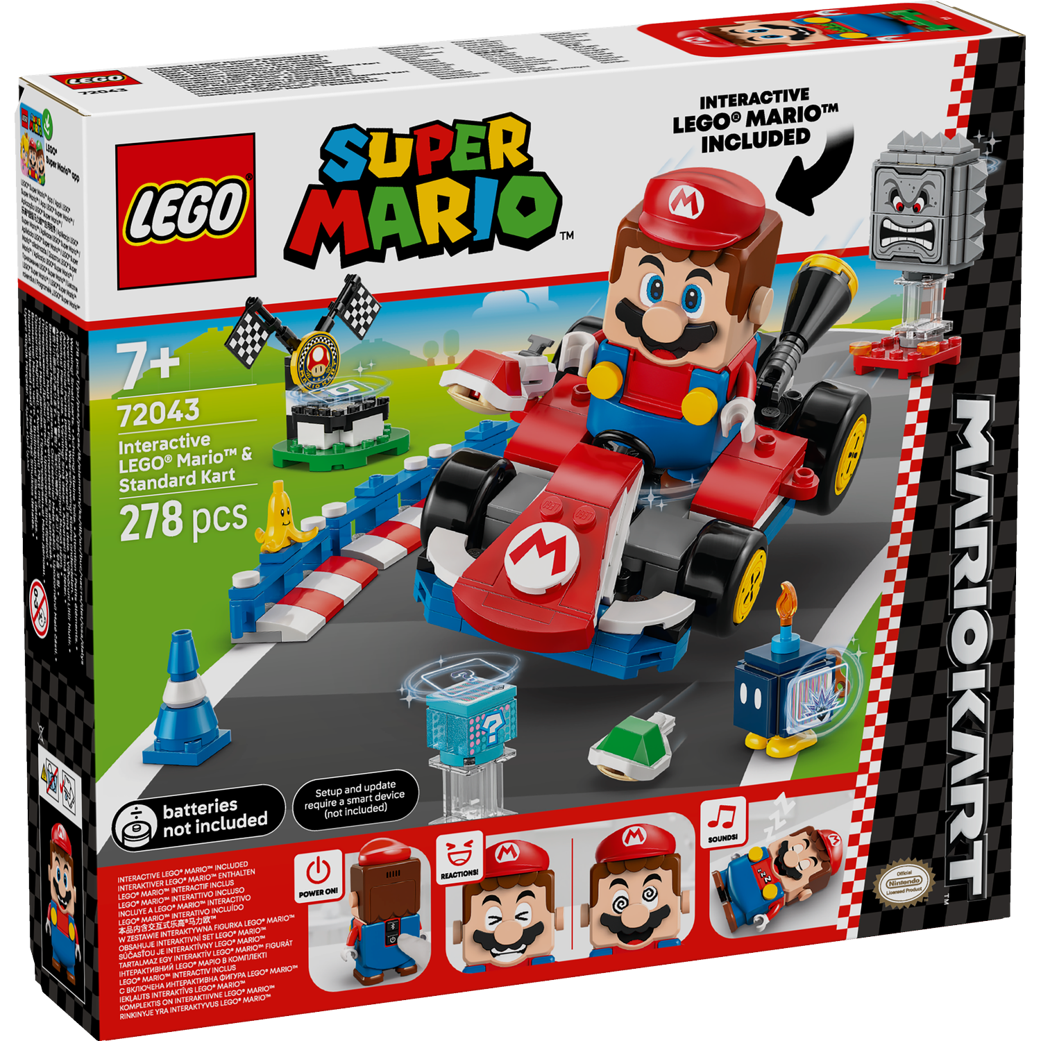 Lego Super Mario set box. Mario in a kart, with other game elements, the box is red and blue.