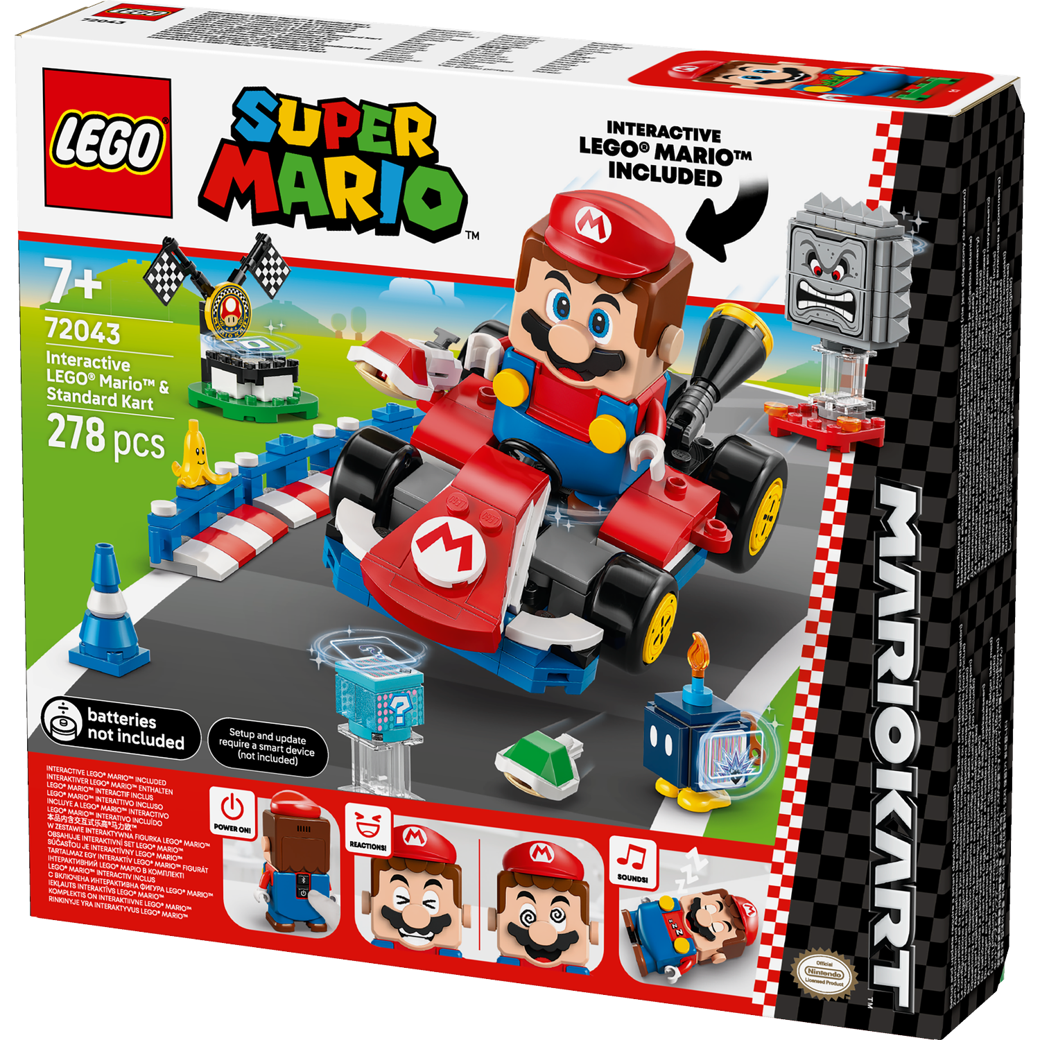 Lego Super Mario set. Mario in a kart, Thwomp, and other course elements are on the box.