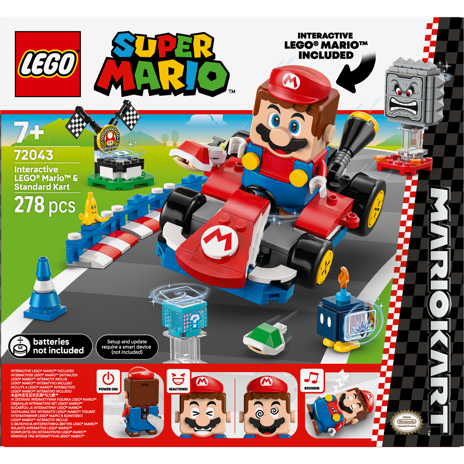 Lego Super Mario set, featuring Mario in a kart, obstacles, and the Mario Kart logo. The box is red and black.