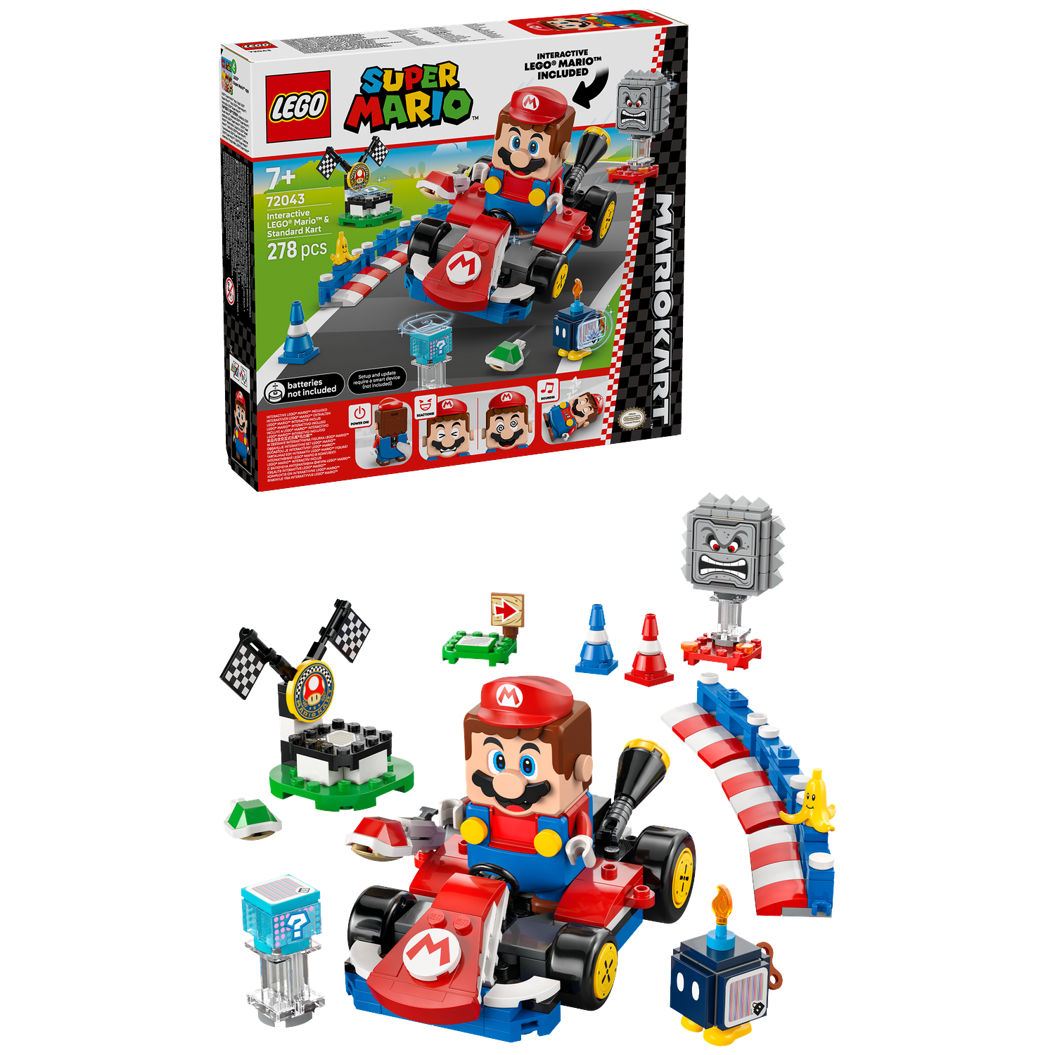 Lego Super Mario set with Mario in a red kart. Includes obstacles, flags, and a question mark block.
