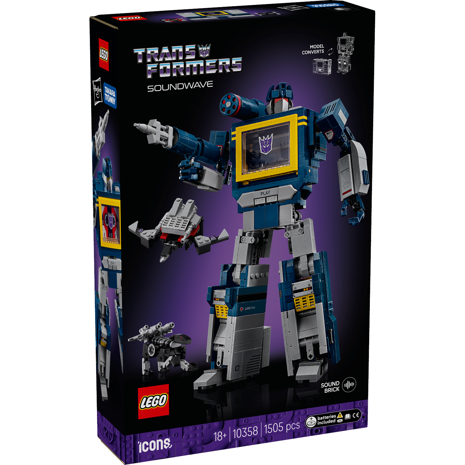 A Lego box featuring a Soundwave Transformer. The robot is blue, gray, and yellow. The box shows the robot and smaller versions.