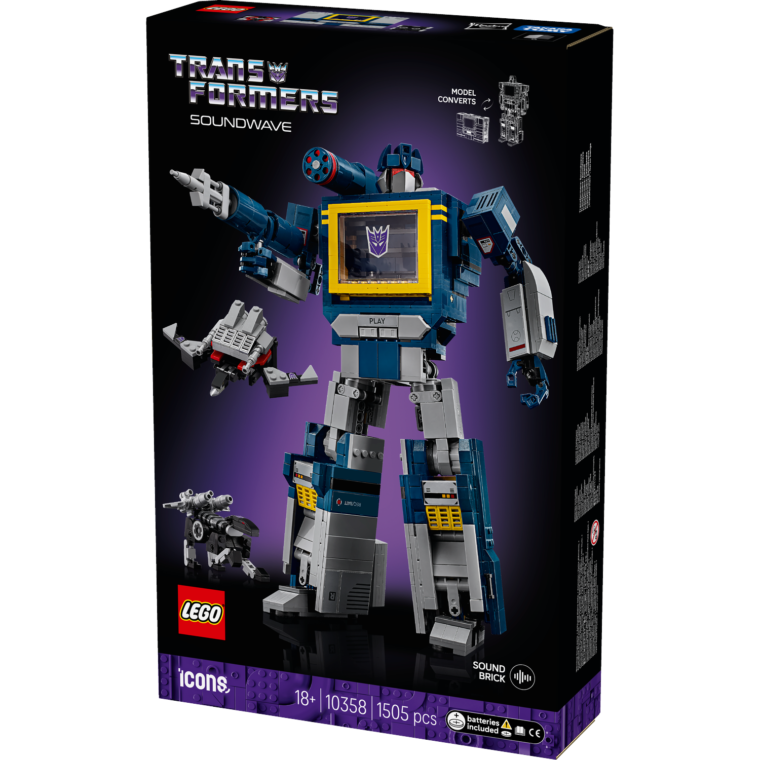 Lego Transformers Soundwave box. Shows robot, small vehicles, and the Soundwave model. The box is purple and black.