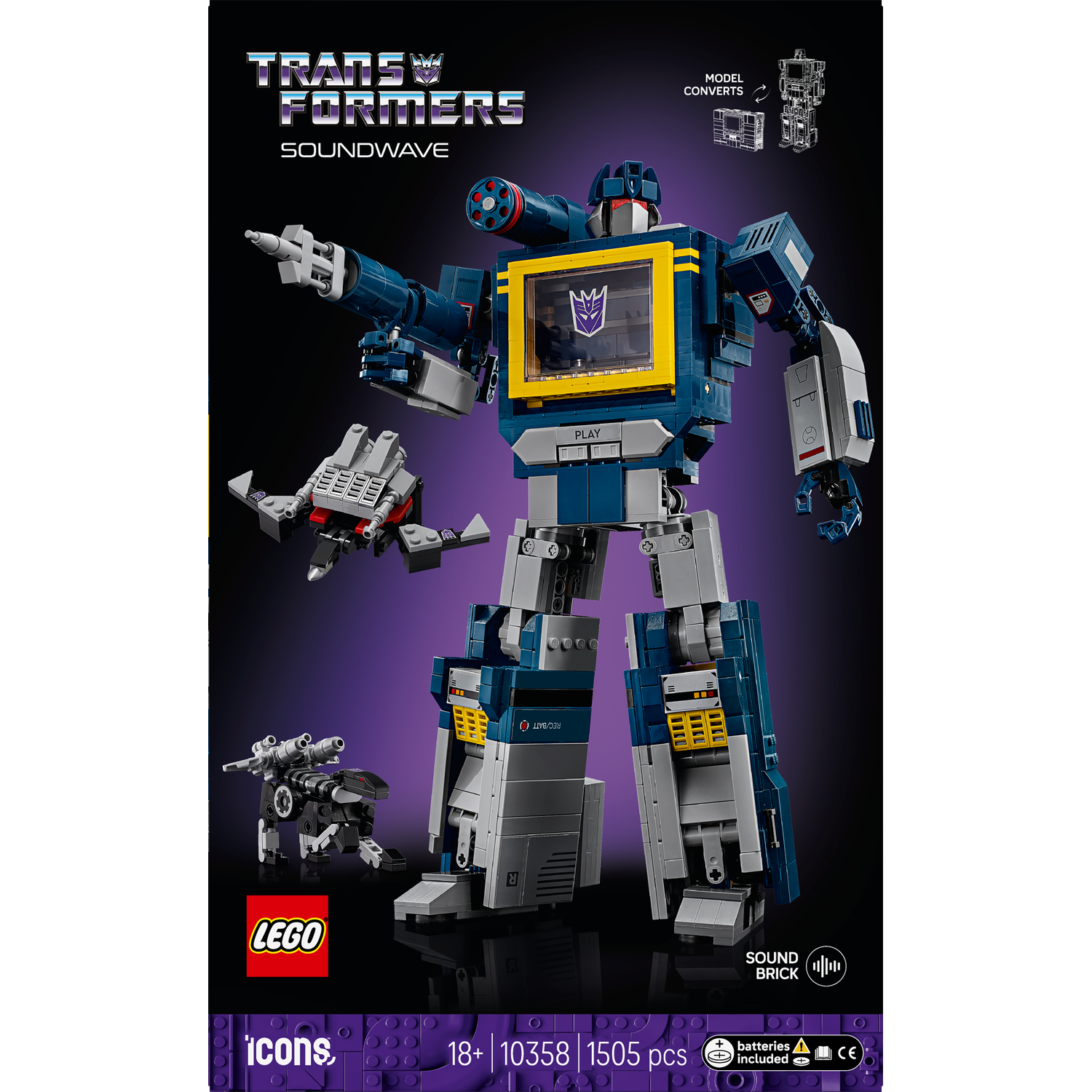 Lego Transformers Soundwave model. It is blue, gray, and yellow. Includes smaller figures. The box has the Lego and Transformers logo.
