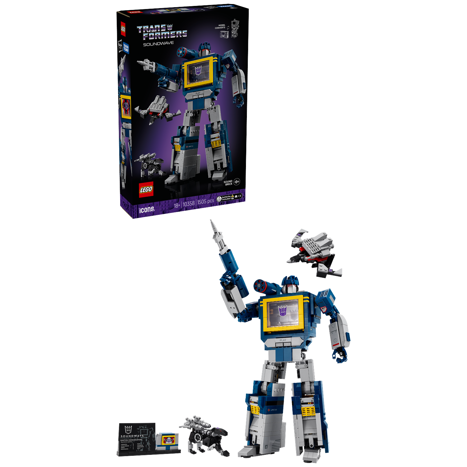 Lego Transformers Soundwave model, blue and gray robot figure, box, and small aircraft on a white background.