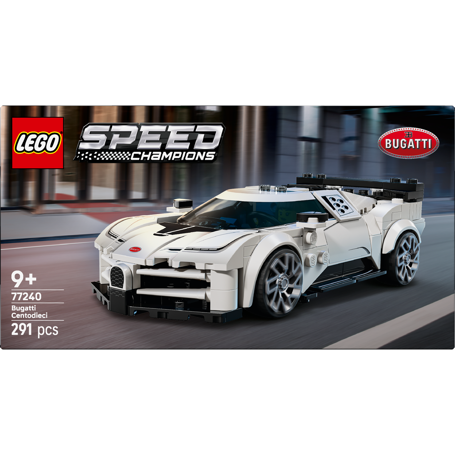 Een Lego Speed Champions Bugatti Centodieci-setdoos. De witte auto staat centraal. De achtergrond toont een vage stadsgezicht.