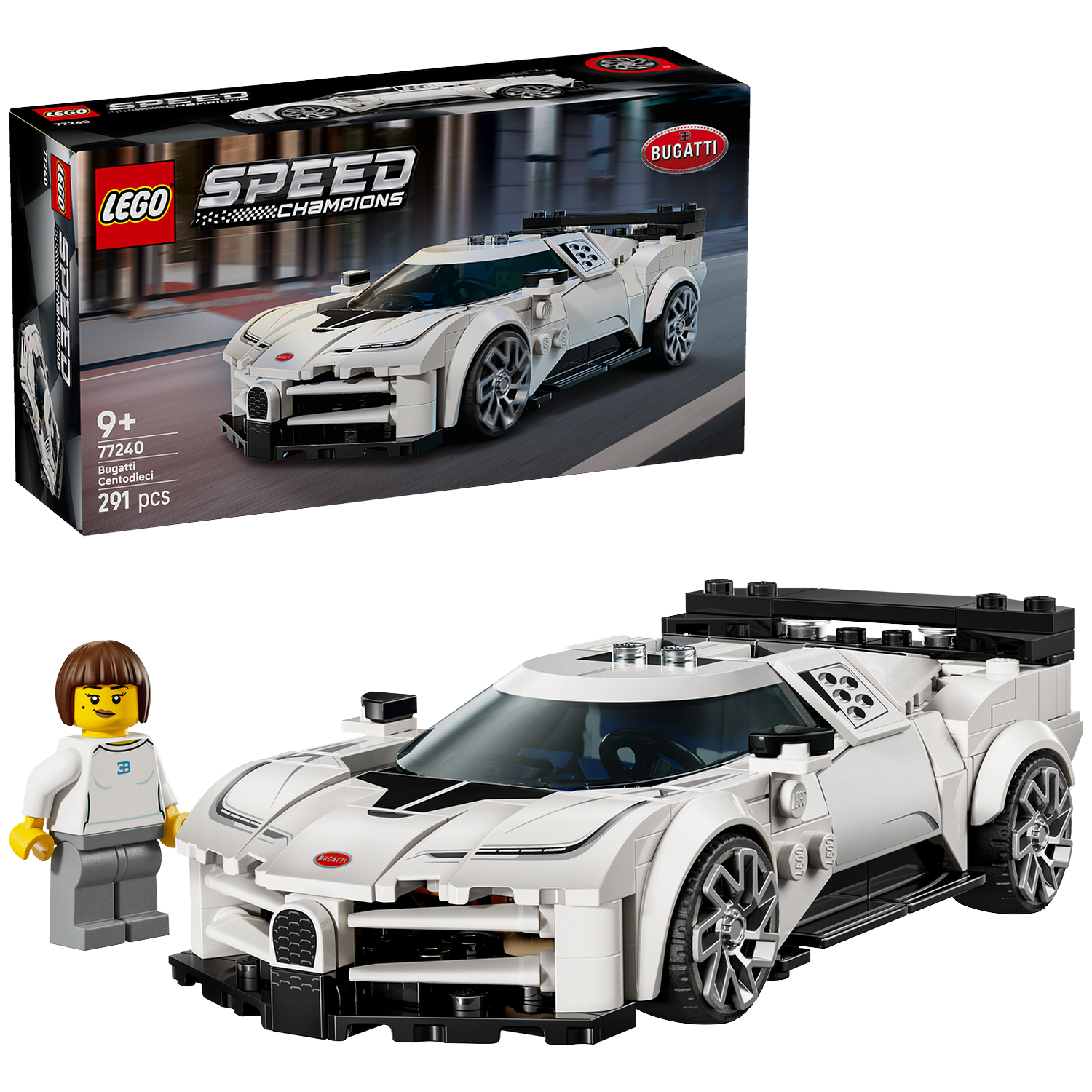Een Lego Bugatti Centodieci set. Het bevat de auto, een minifiguur en de doos. De auto is wit met zwarte accenten en de doos toont de auto.