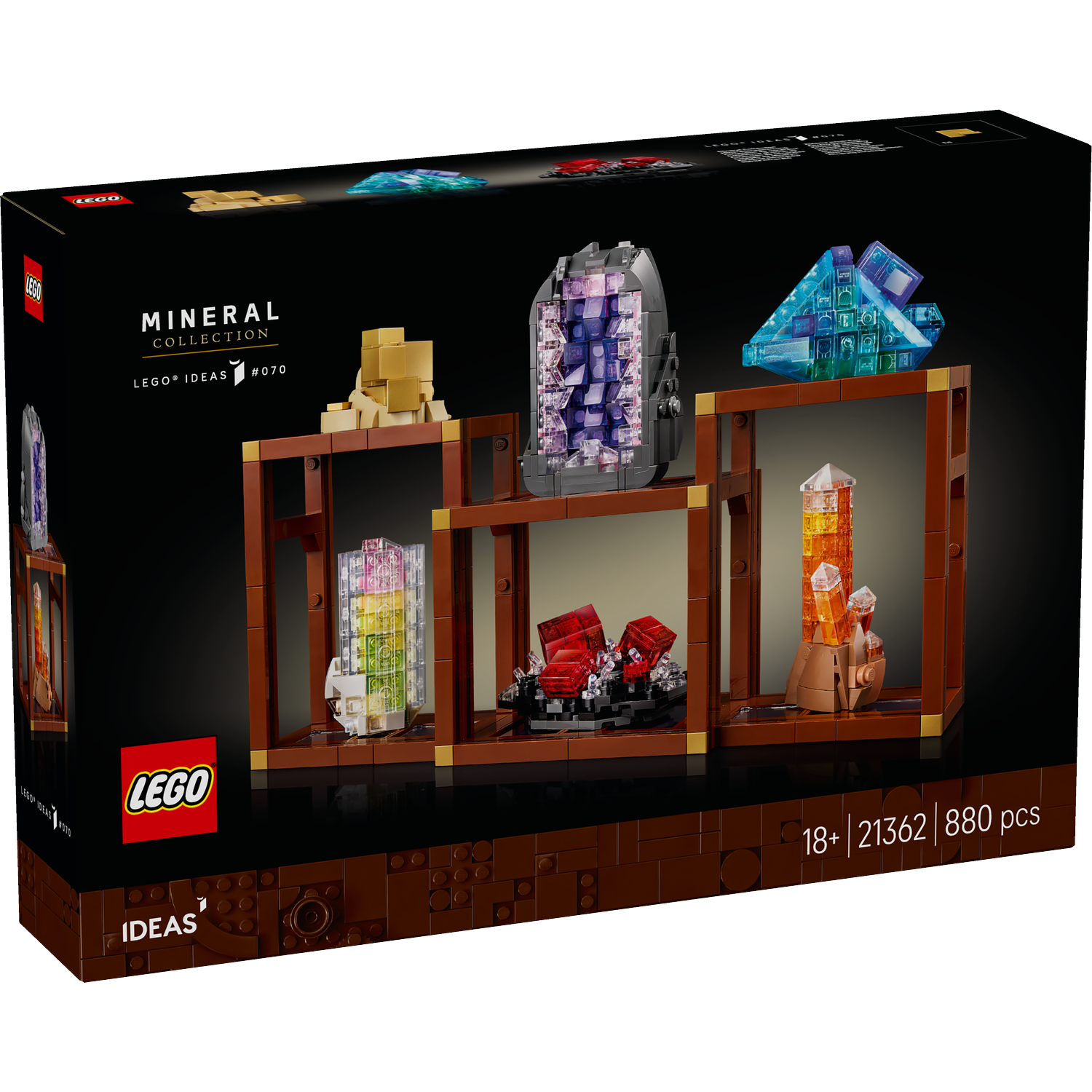 Lego set box. Mineral collection displayed on wooden shelves. Includes various Lego crystal formations in different colors and shapes.