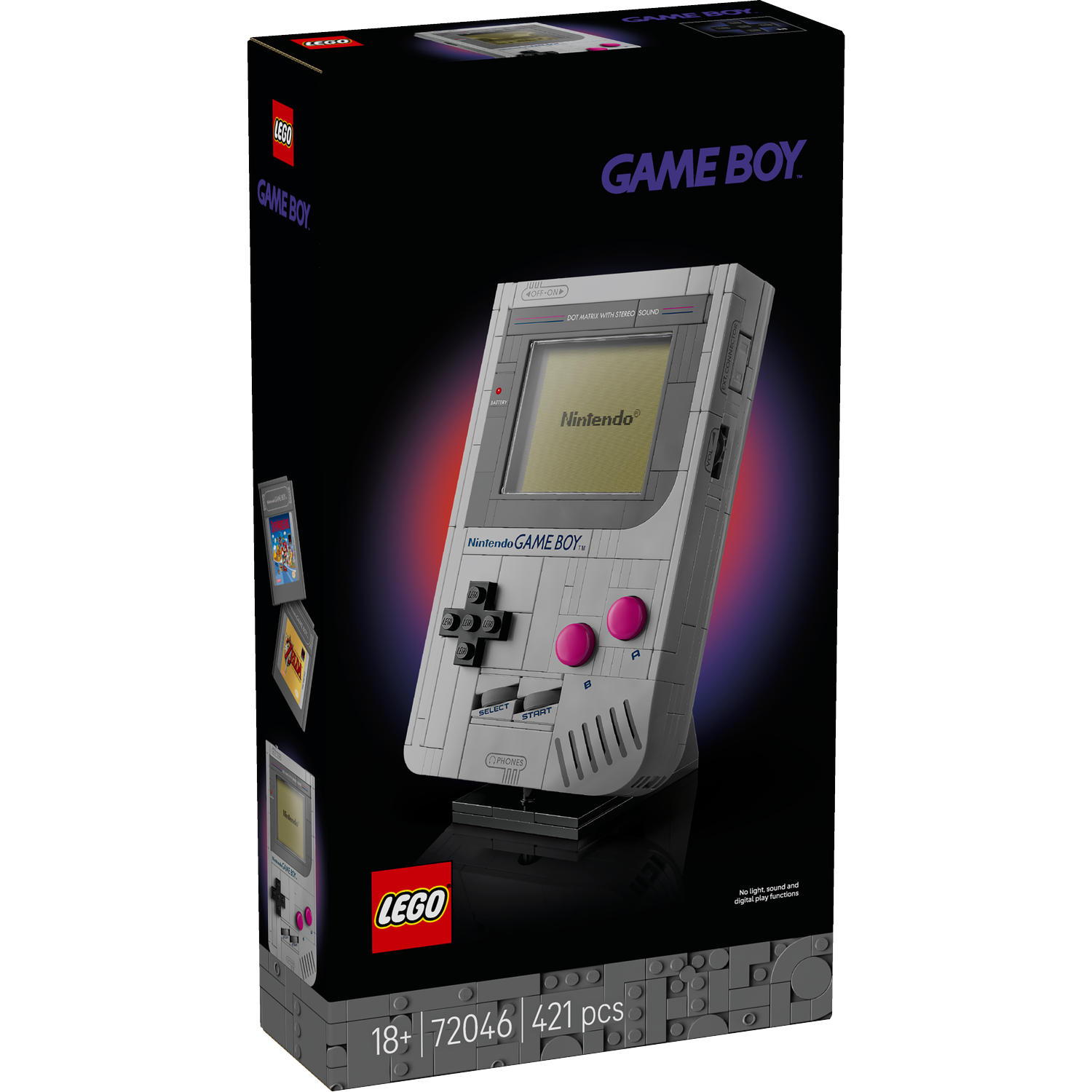 A Lego Game Boy box. It shows a Lego model of a Game Boy with a game cartridge and the Lego logo.