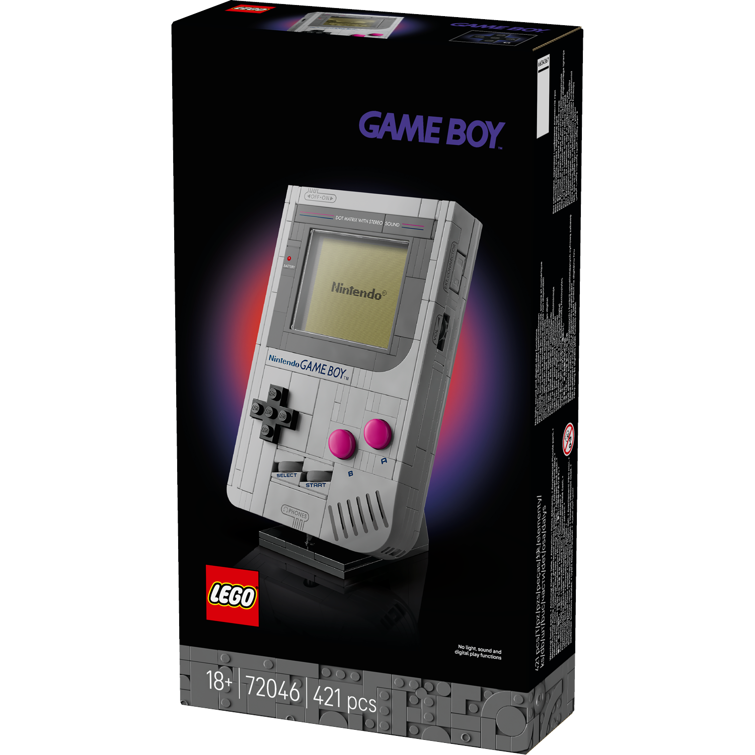 A Lego Game Boy set in a box. The box has a black background with a gray Lego Game Boy in the center, and the Lego logo.