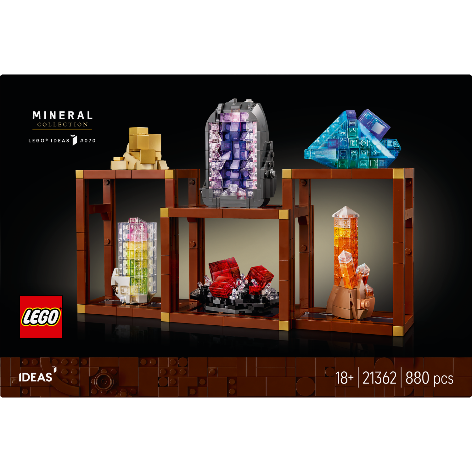 LEGO set showing mineral collection. Includes golden blocks, a geode, crystals, and a tower on display shelves. Dark background.