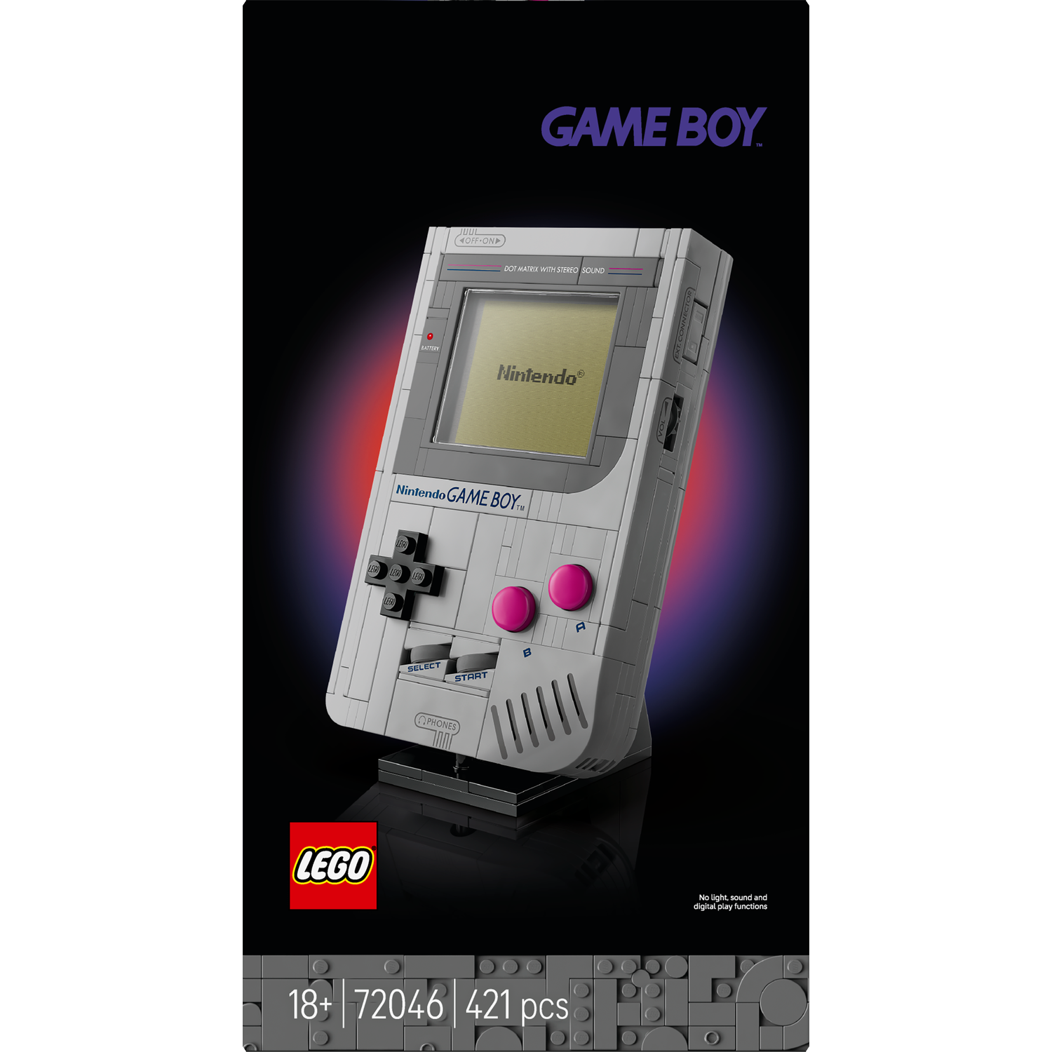A Lego Game Boy set on a stand. Gray with pink buttons, black controls, and the Nintendo logo, against a black background.