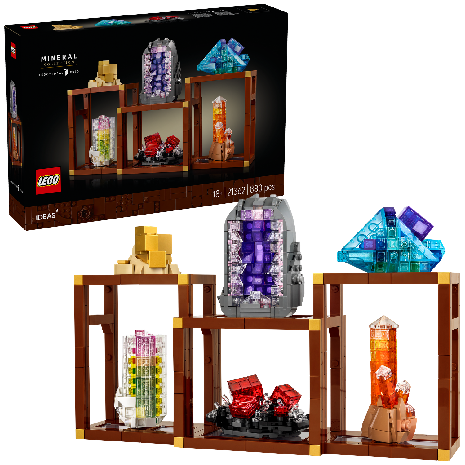 A Lego set of minerals on shelves. Includes a box, Lego crystals of various colors, and a display with a wooden-like structure.
