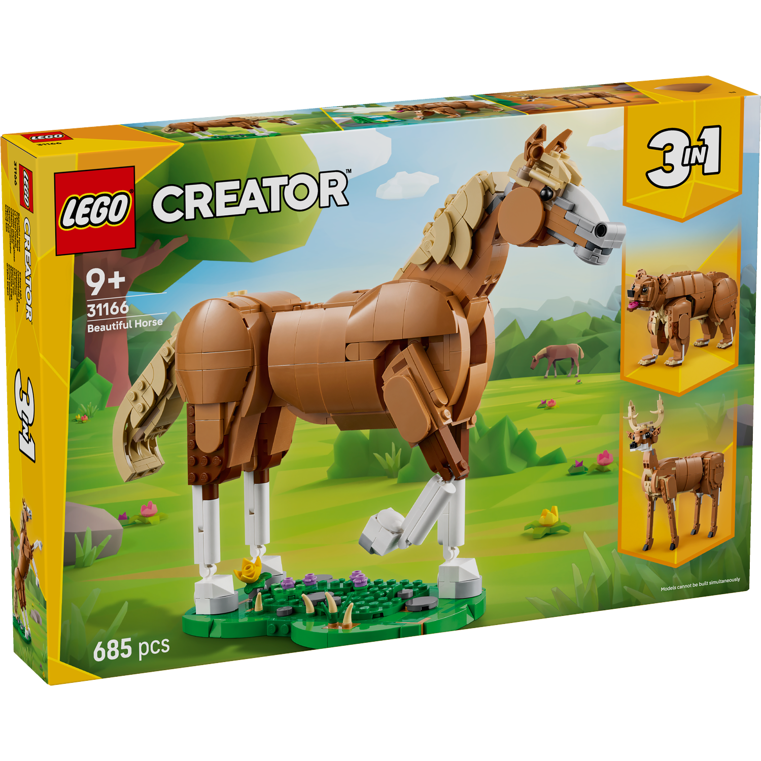 A Lego Creator box with a brown horse model. It shows a 3-in-1 set, also featuring bear and deer models. The background is a green field.