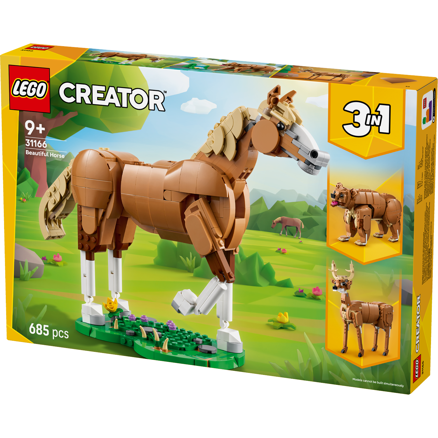 Lego Creator box showing a horse model, plus alternative models of a deer and a bear. The box is yellow and green.