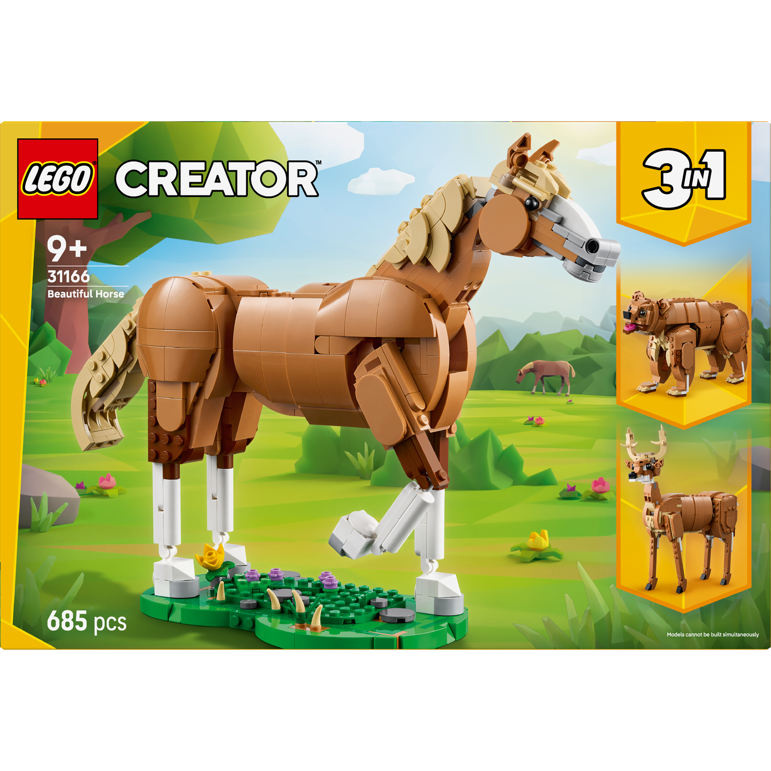 A Lego Creator set features a brown horse. It is a 3-in-1 set with a bear and a deer option. The background shows a green landscape.