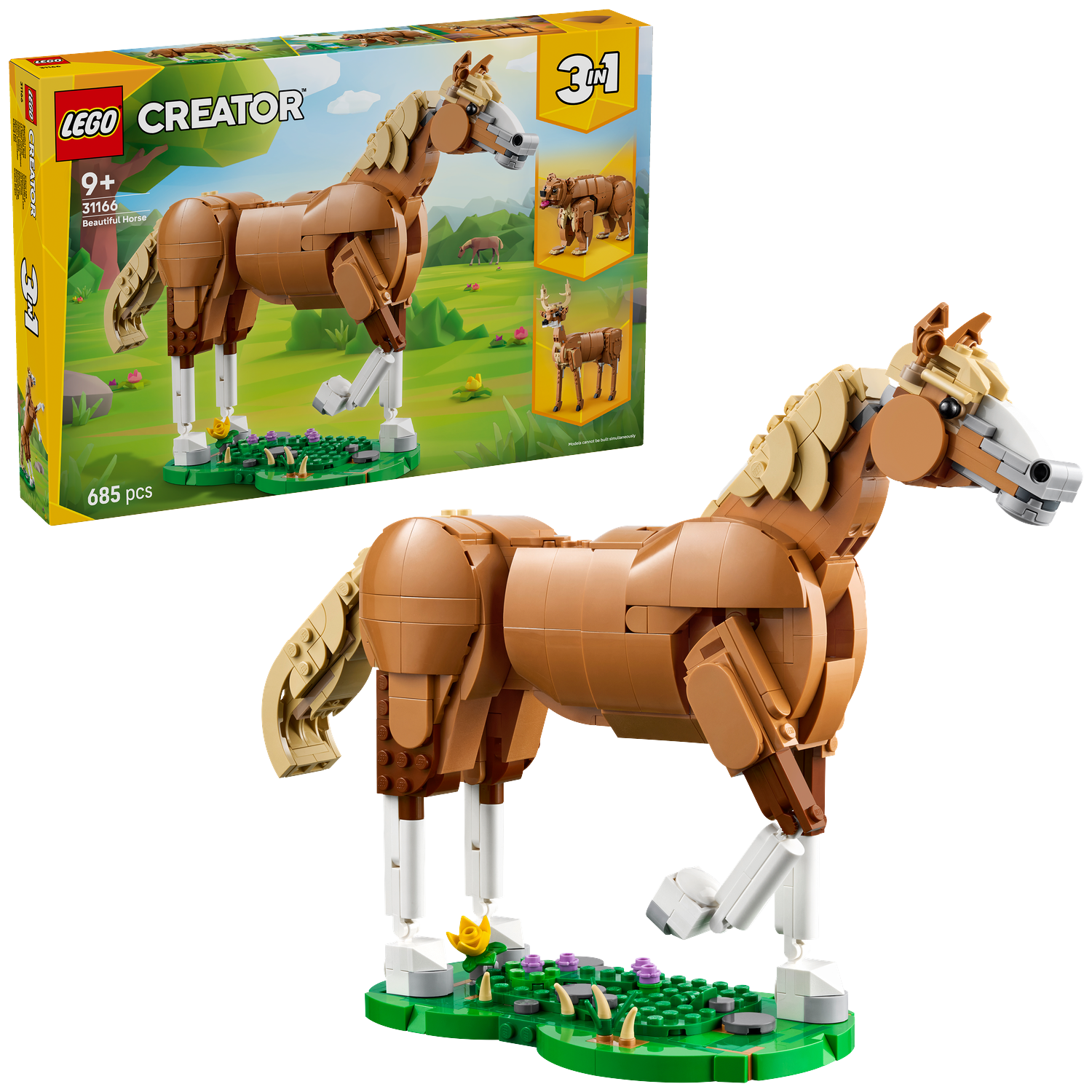 A Lego Creator 3-in-1 set, featuring a brown horse with white legs and a tan mane. The box shows the horse and other build options.